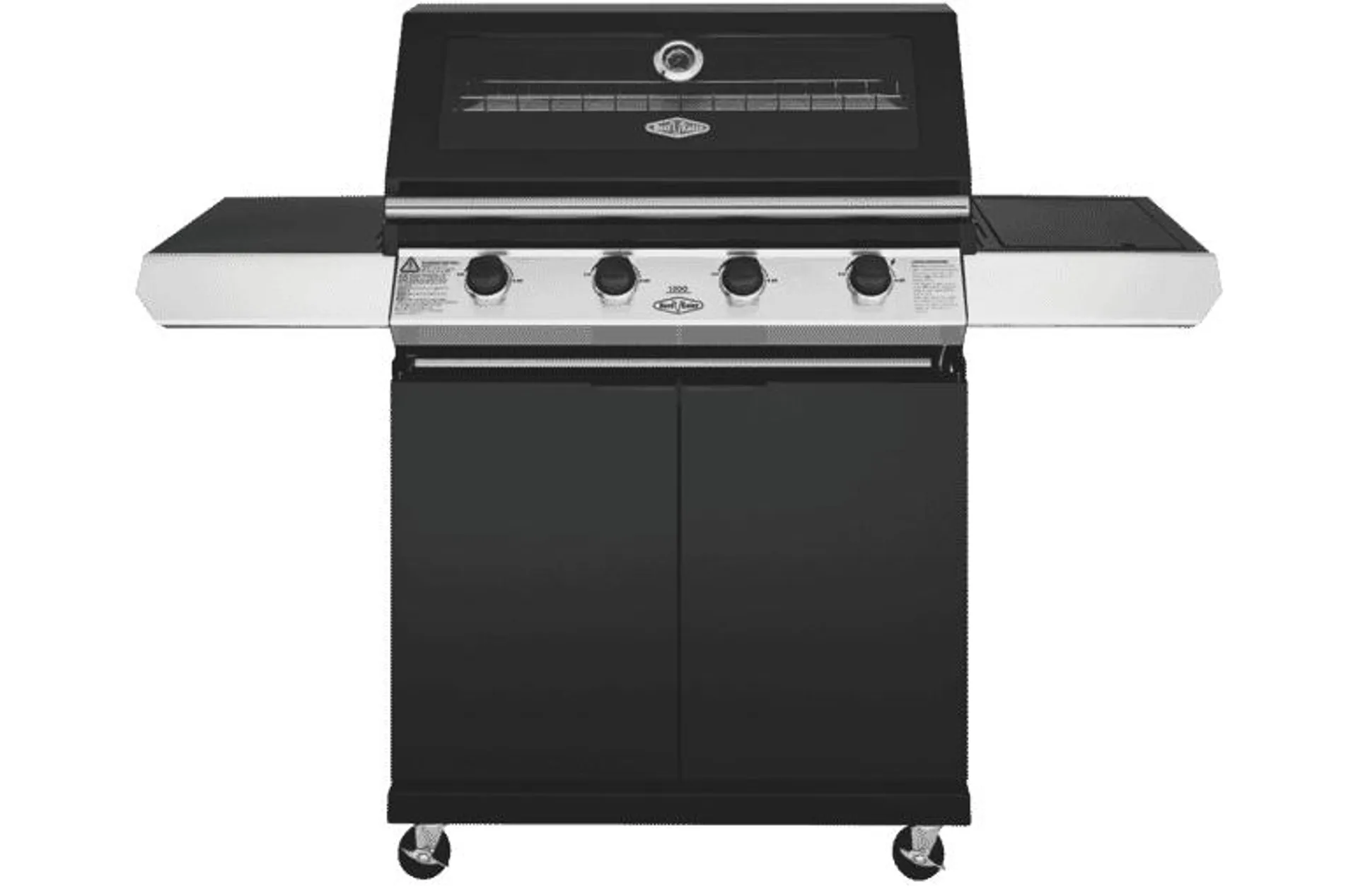 BeefEater 1200 Series Black Enamel 4 Burner BBQ & Trolley w/ Side Burner, Cast Iron Burners & Grills