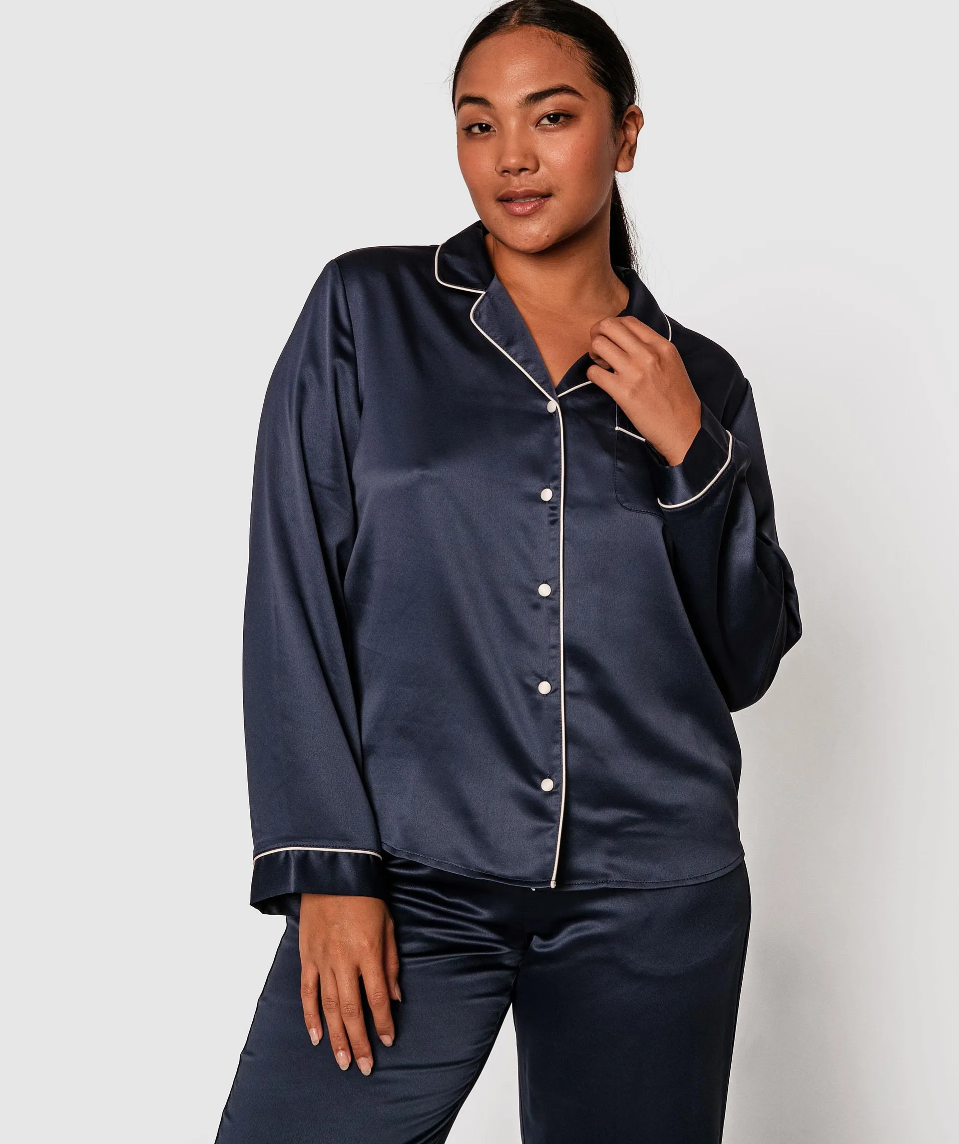 Liquid Satin Long Sleeve Top - Navy