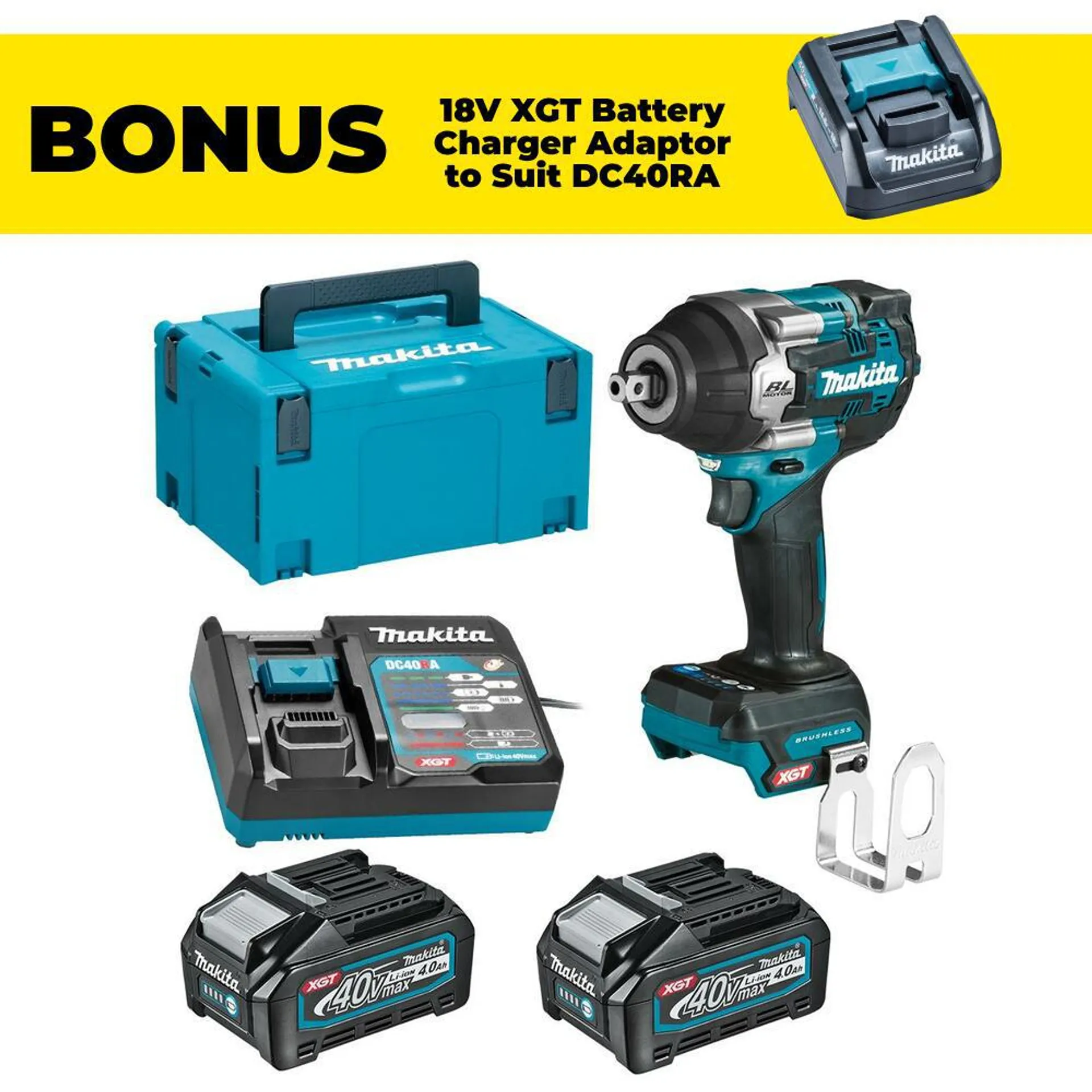 Makita TW008GM203 40V Max 4.0Ah Li-ion XGT Cordless Brushless 1/2" Mid-Torque Pin Detent Impact Wrench Combo Kit