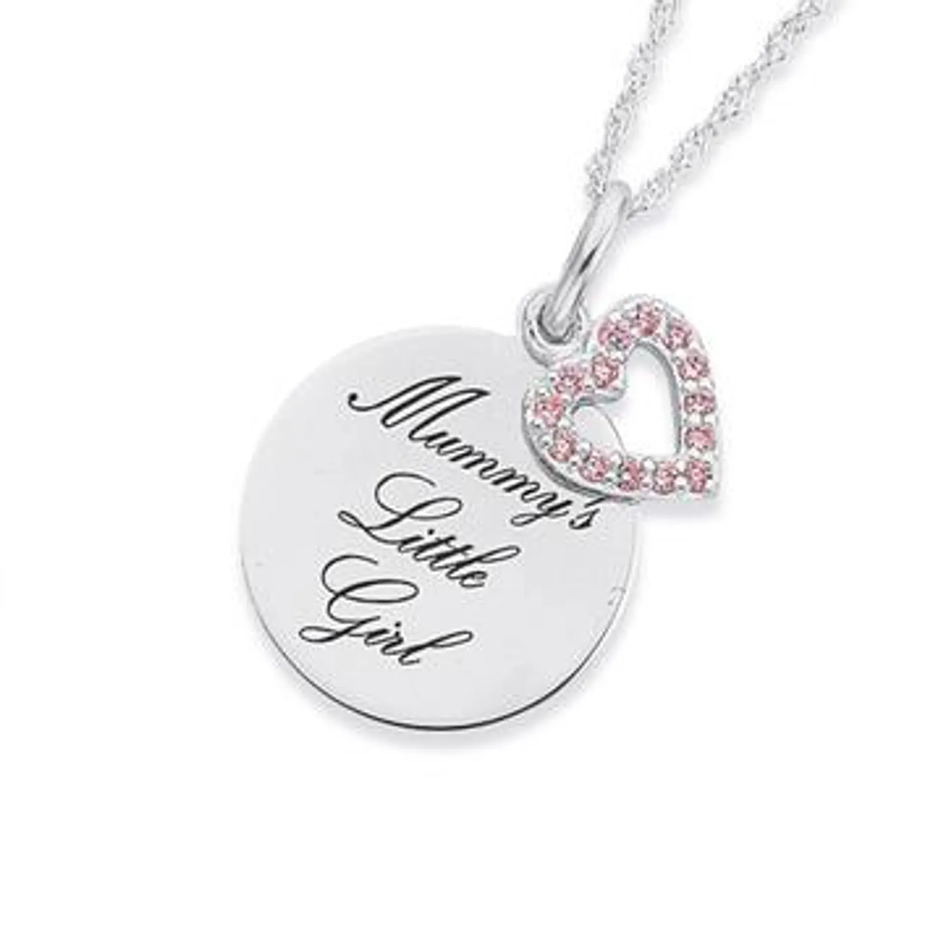 Sterling Silver Pink Cubic Zirconia Mummy's Little Girl Disc Pendant