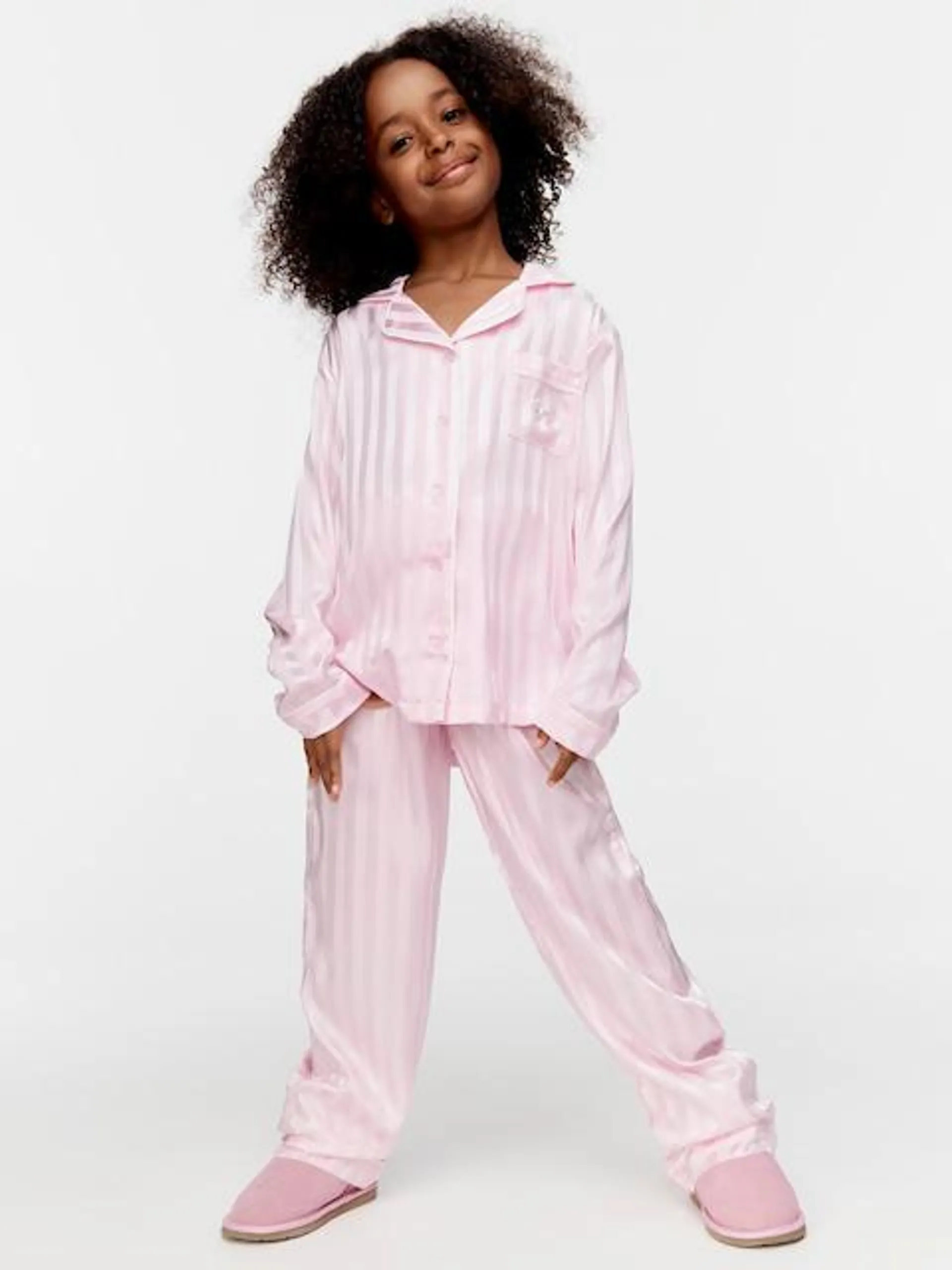 Girls Pink Stripe Satin Pj Set