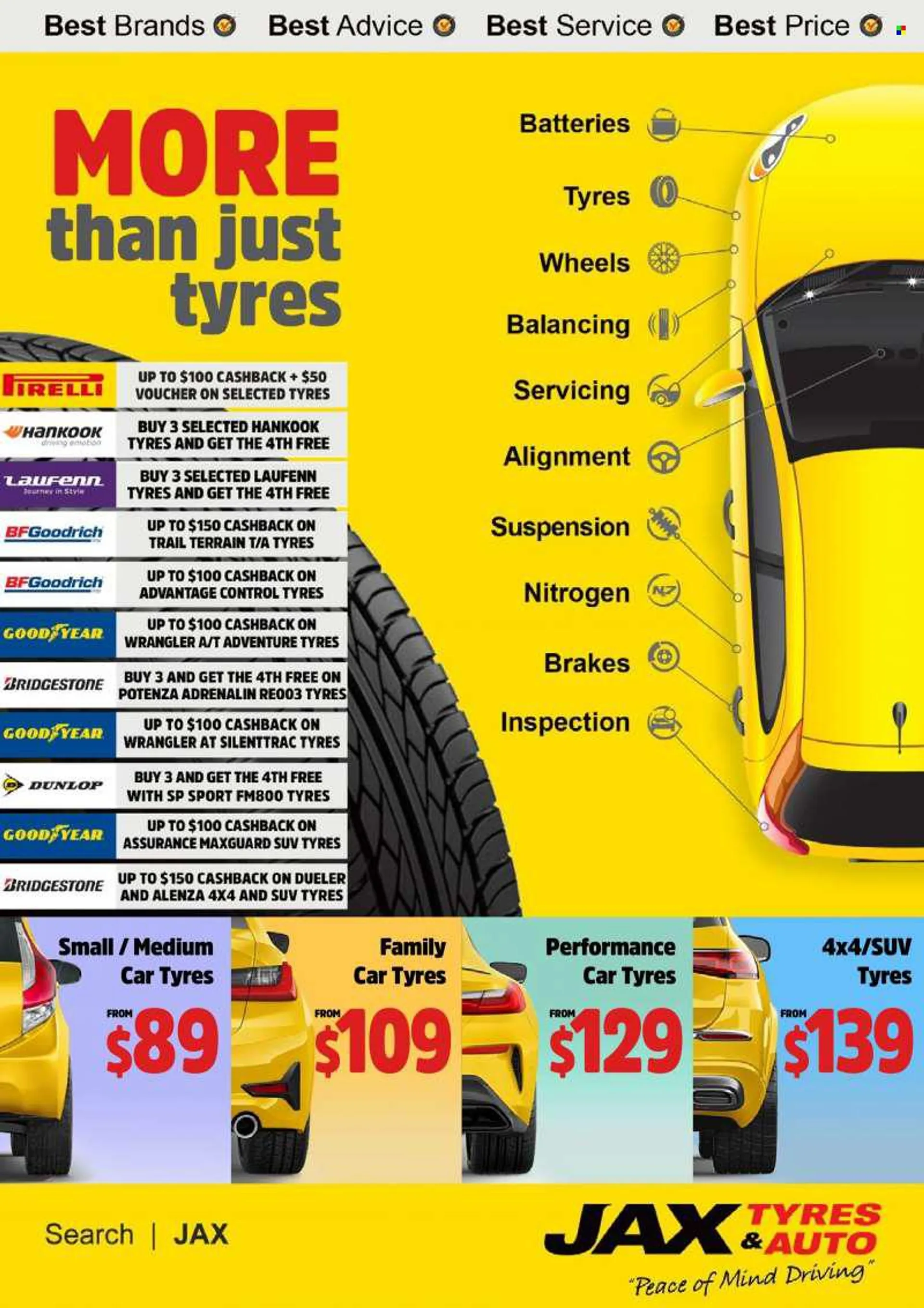JAX Tyres Catalogue - 1 Aug 2022 - 31 Aug 2022 - Sales products - battery, Bridgestone, Dunlop, hankook, tires. Page 1.