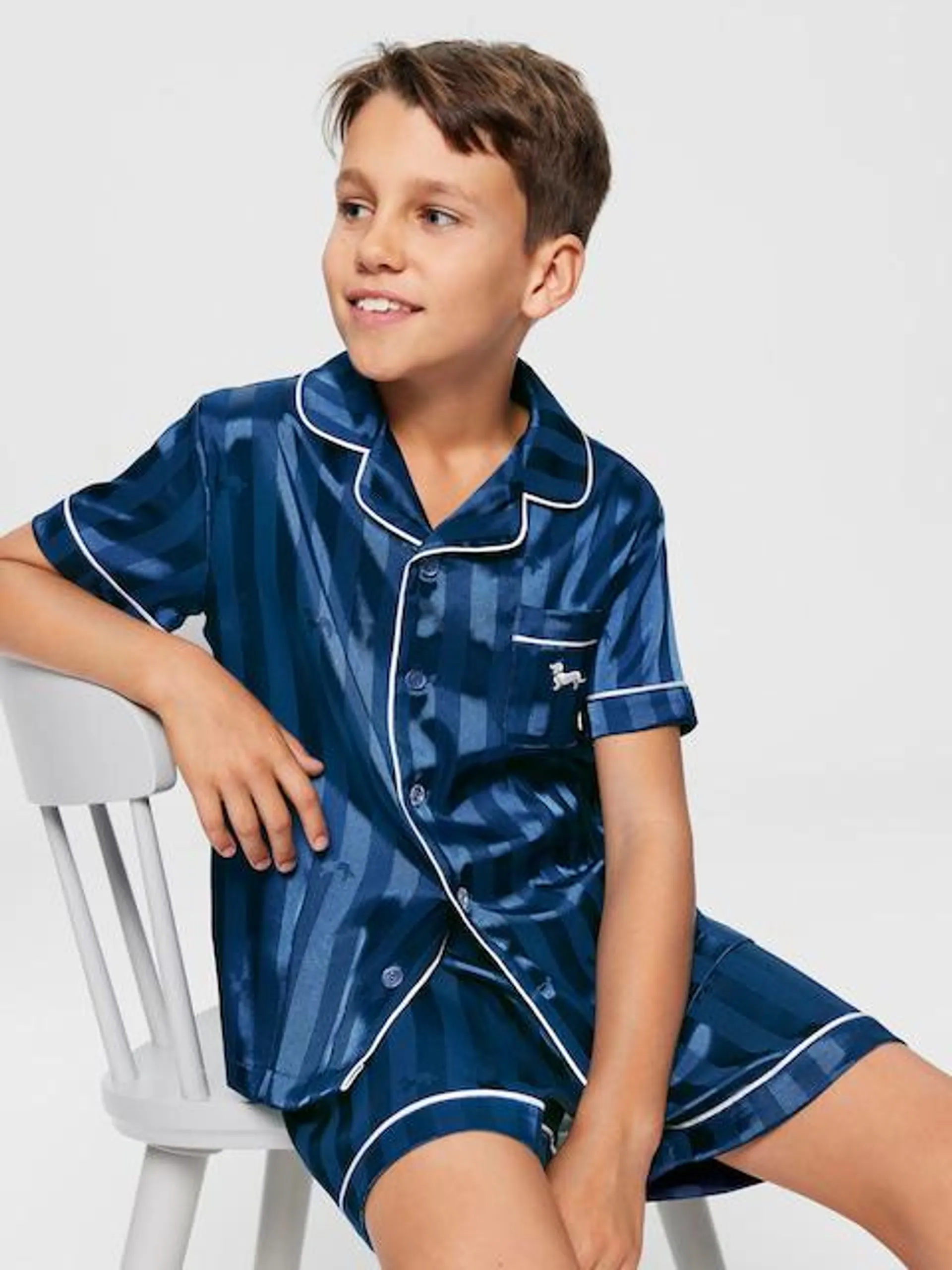 Kids Navy Penny Stripe Satin Pj Set