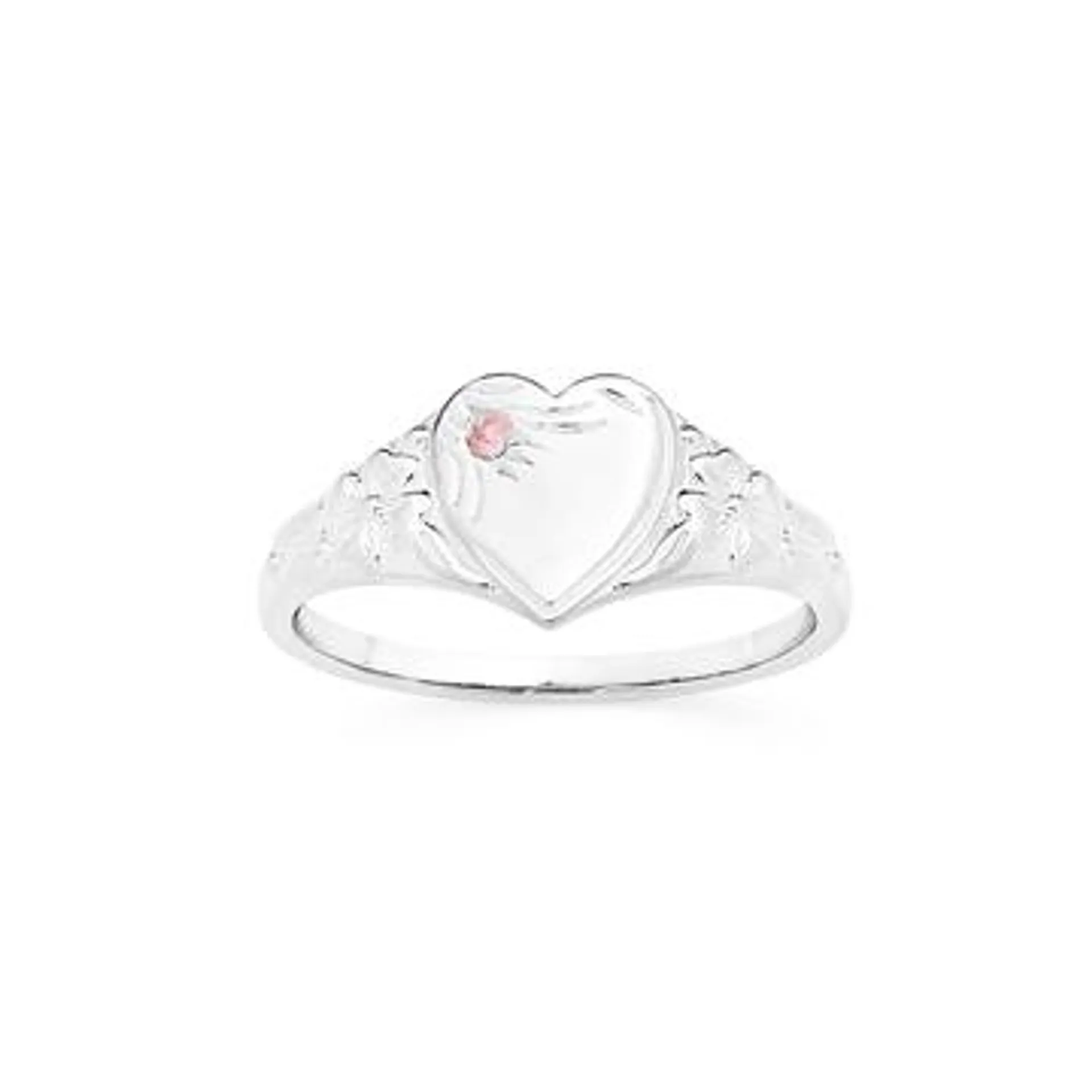 Silver Pink CZ Heart Fancy Signet Ring Size G