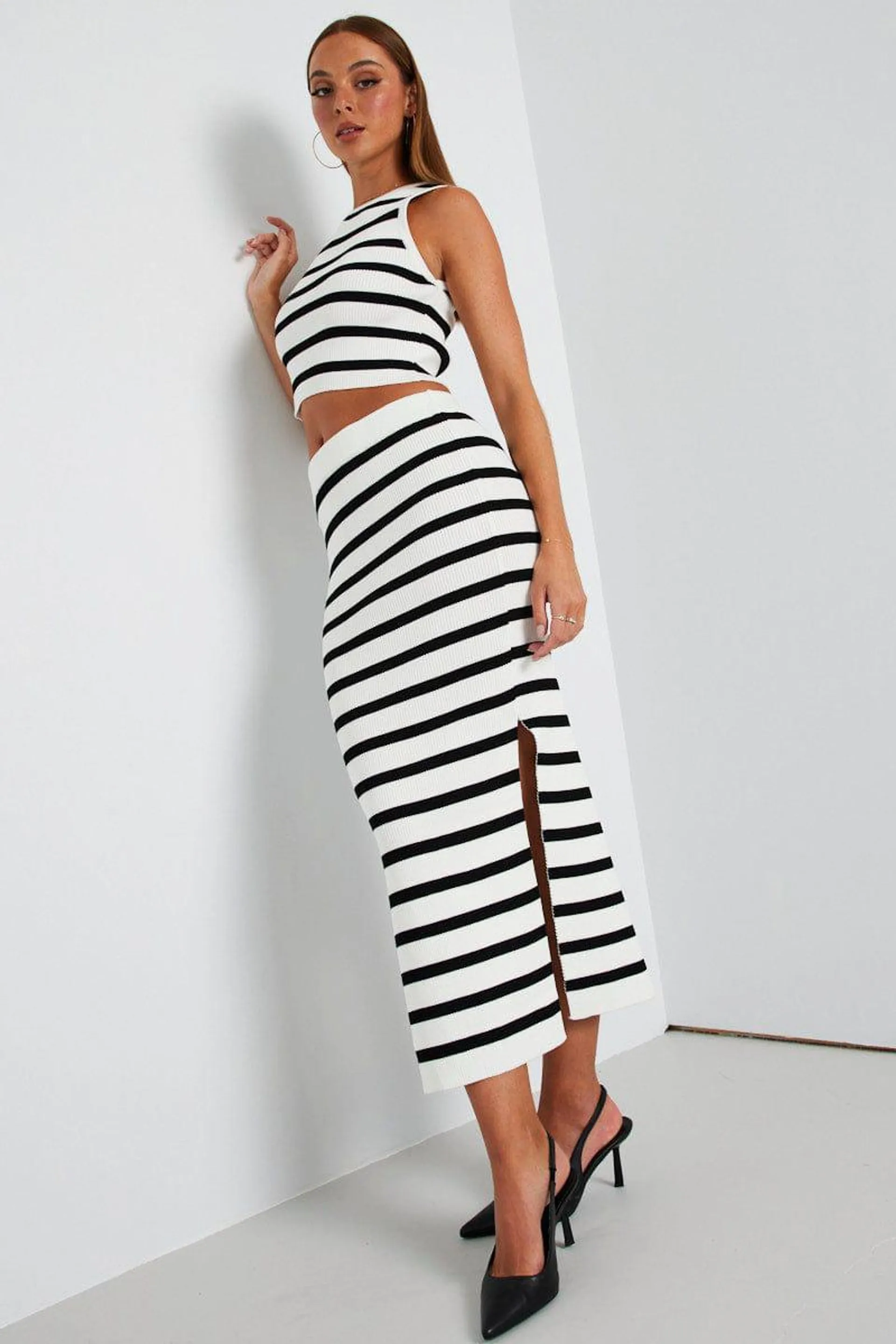 Black Stripe Knit Skirt High Rise Maxi