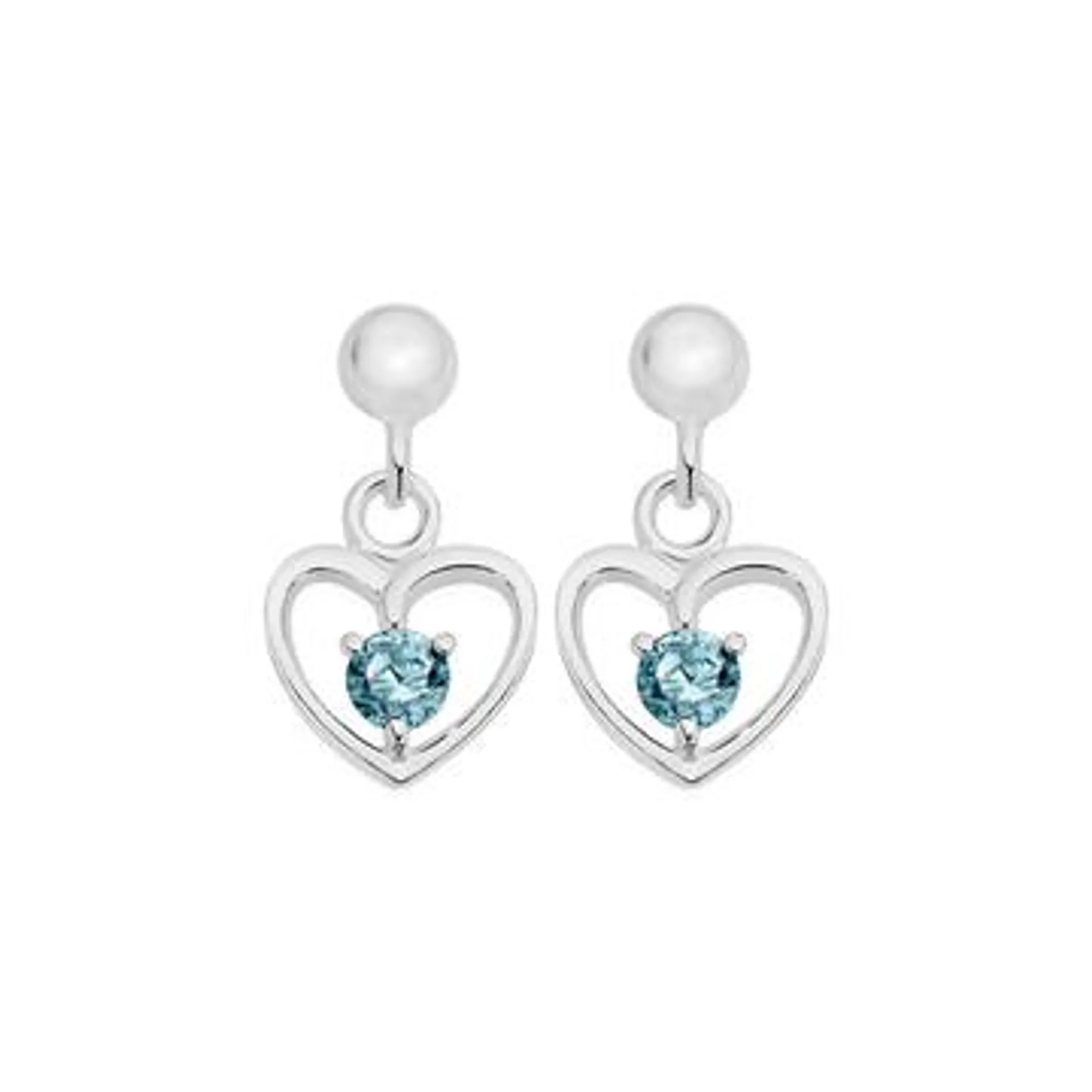 Silver Childs Blue CZ Heart Drop Earrings