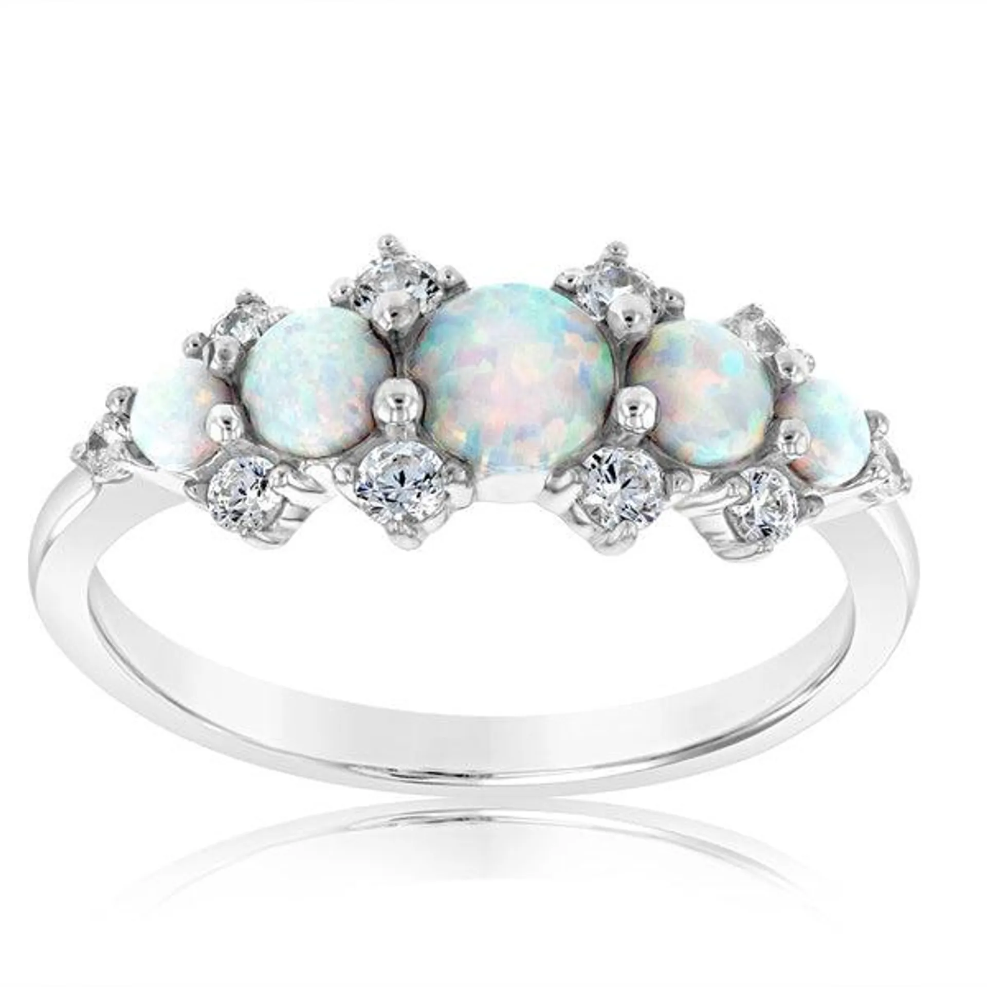 Sterling Silver Rhodium Plated Created White Opal Ring