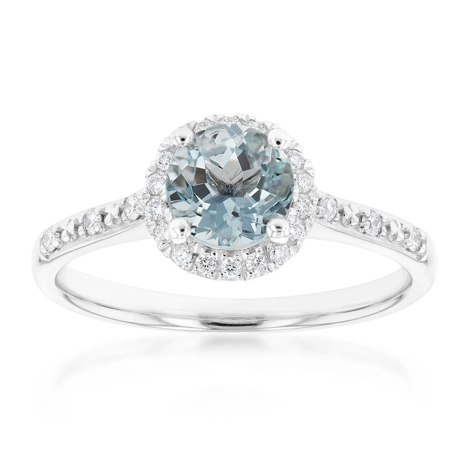 9ct White Gold 6mm Aquamarine and Diamond Halo Ring