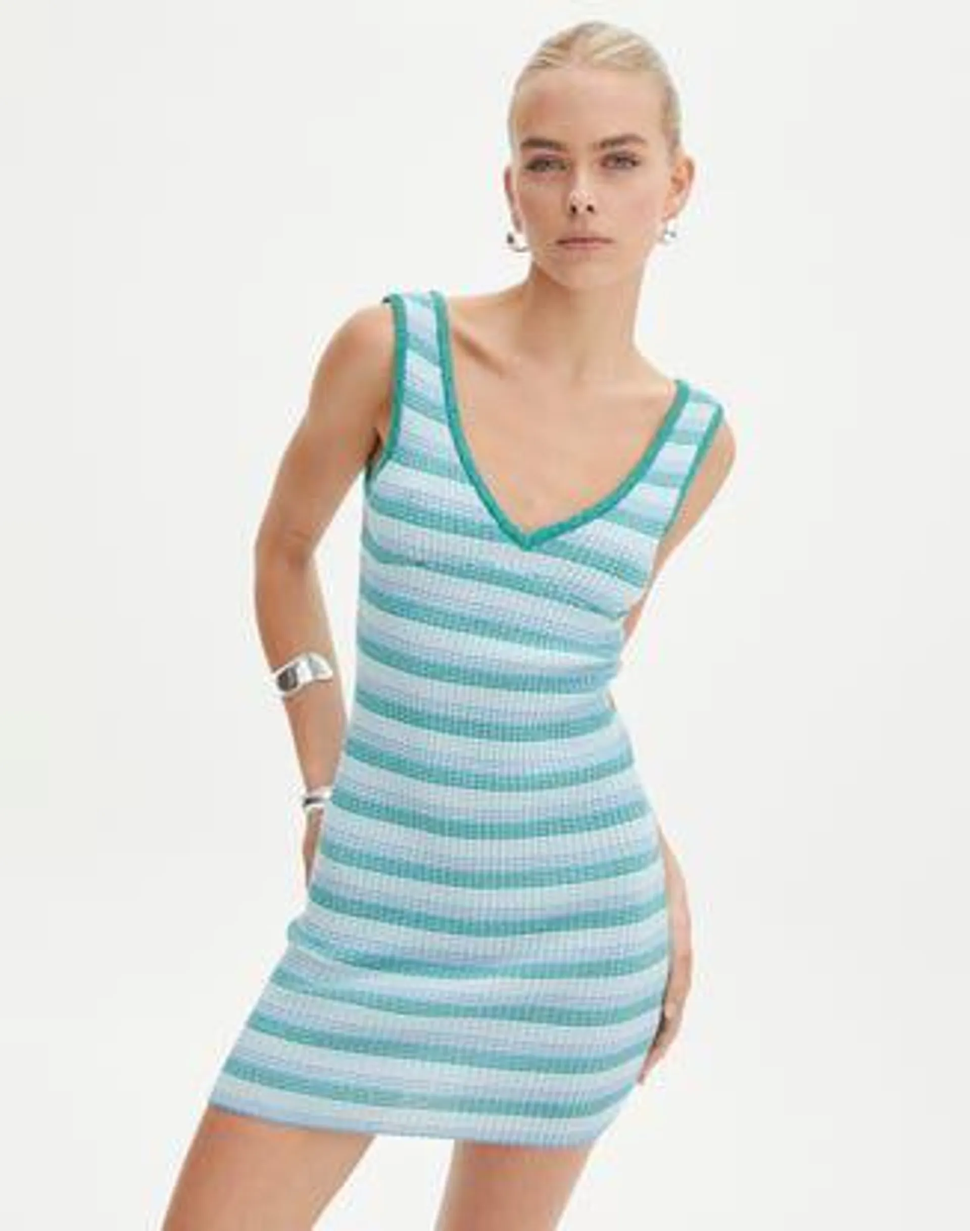 Stripe Knit V Neck Mini Dress