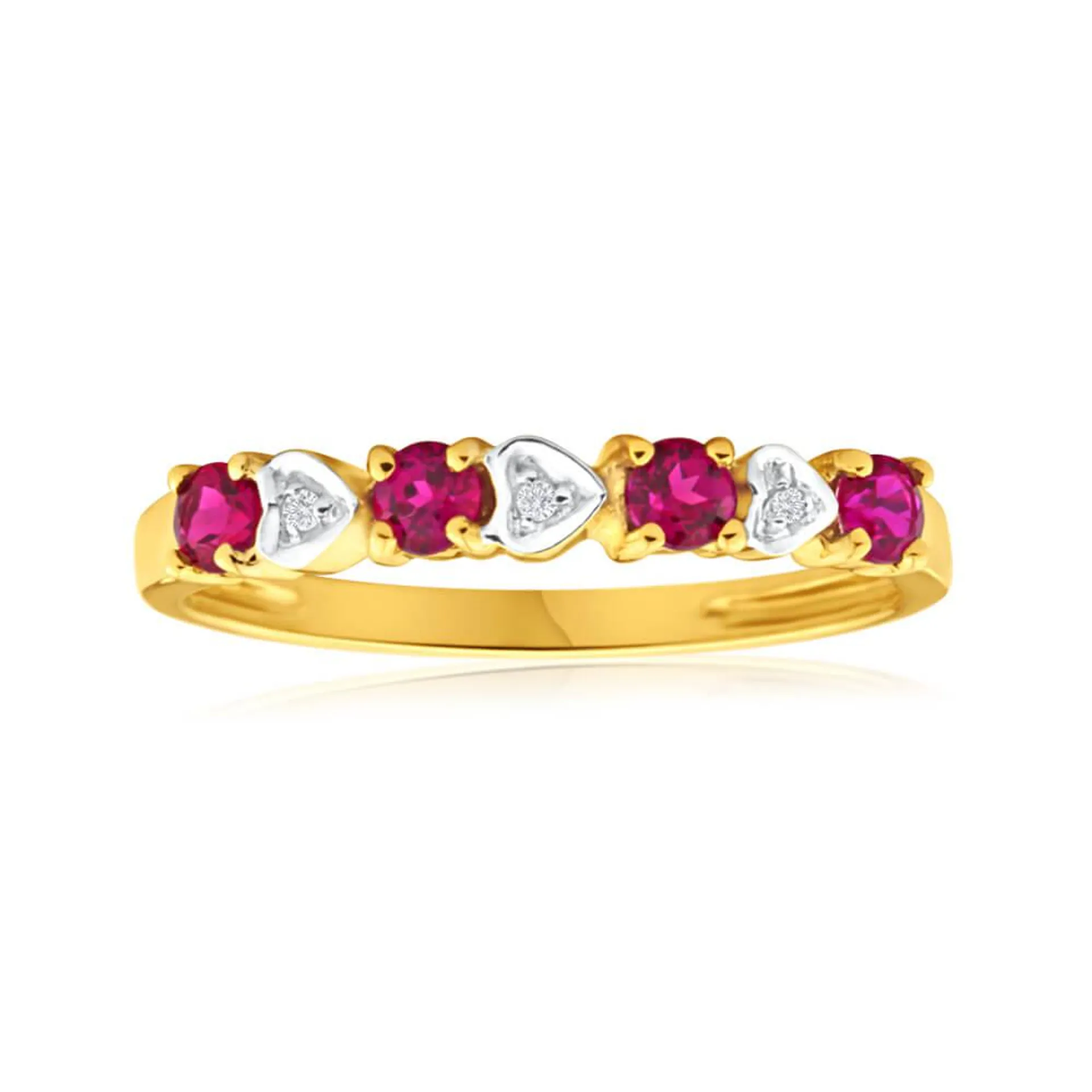 9ct Yellow Gold 4 Created Ruby + 3 Diamond Ring