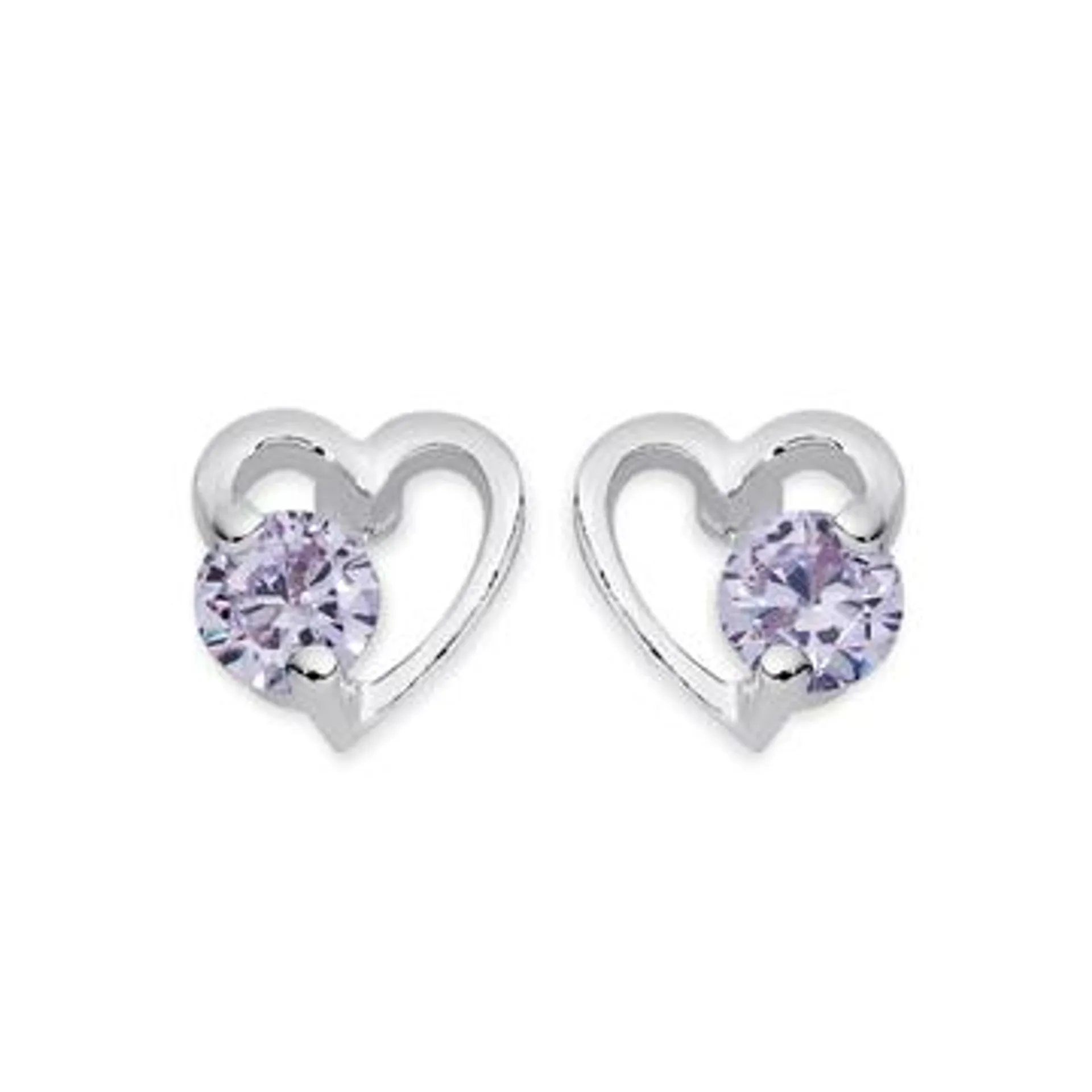 Silver Lavender CZ Open Heart Stud Earrings