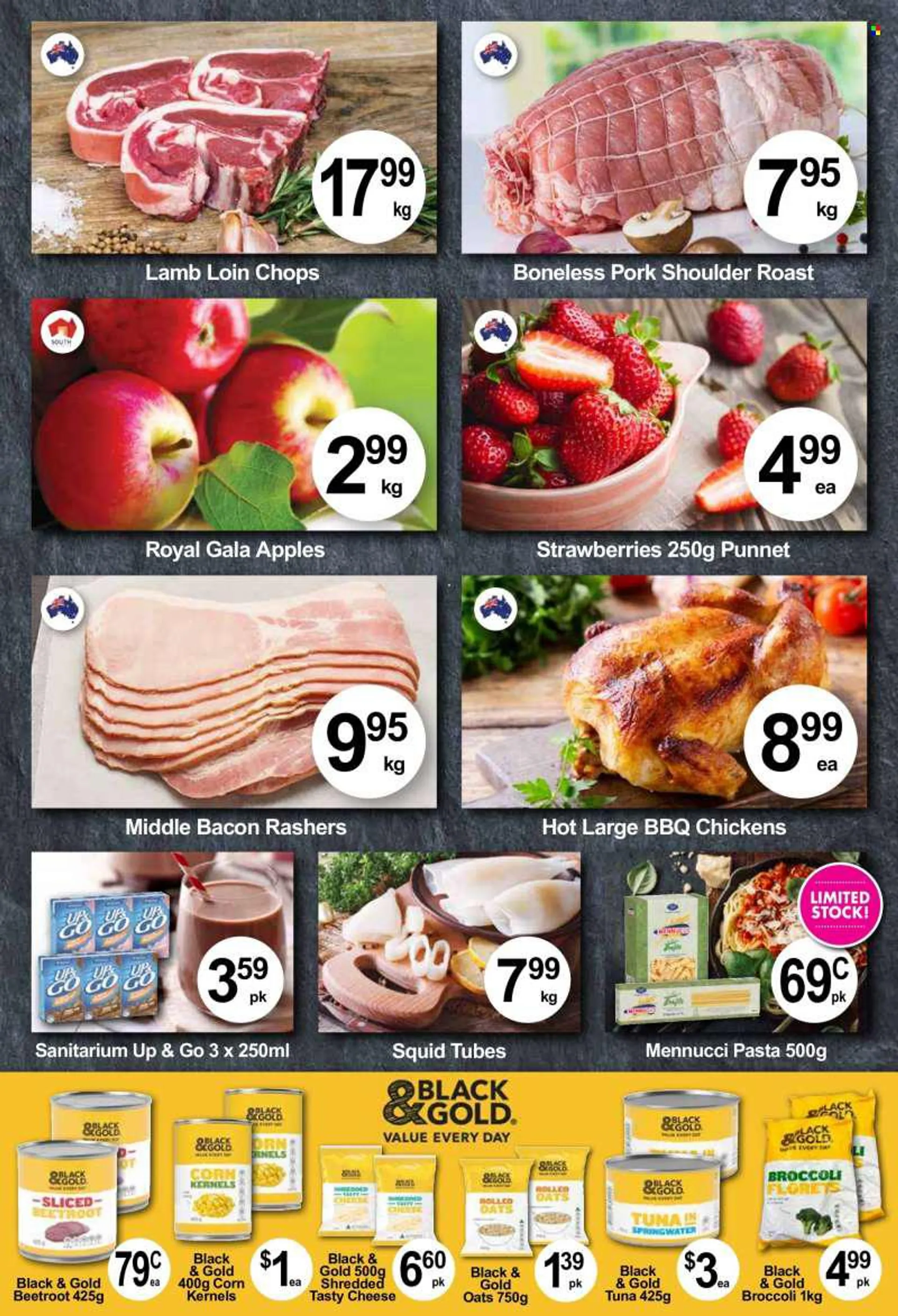 Violi &amp; Co Catalogue - 10 Aug 2022 - 16 Aug 2022 - Sales products - broccoli, corn, Gala apple, strawberries, apples, squid, tuna, pasta, bacon, rashers, cheese, oats, rolled oats, pork meat, pork roast, pork shoulder, lamb loin, lamb meat. Page 2.