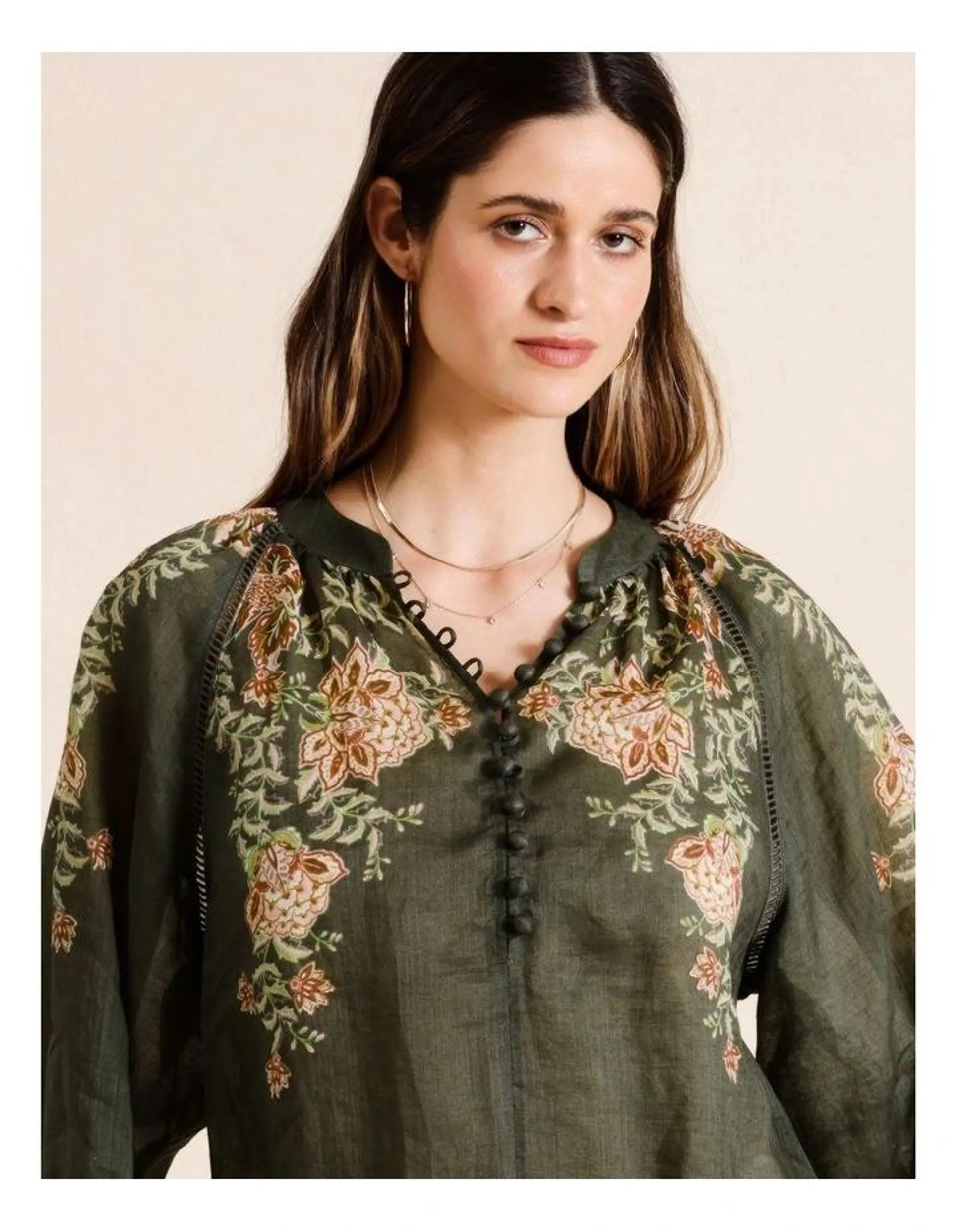 Ramie High Neck Button Blouse in Dark Green