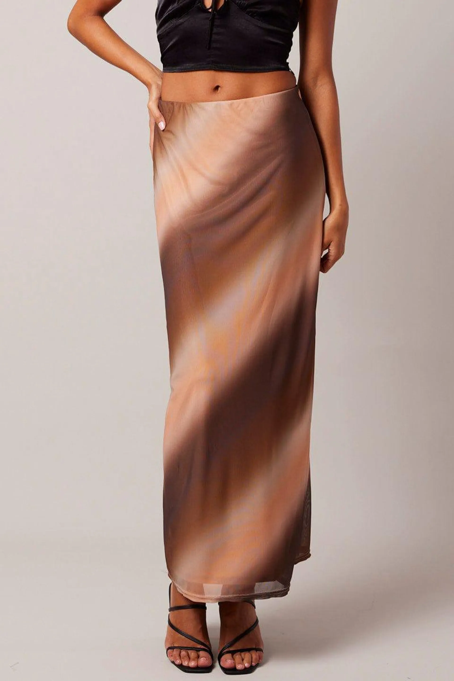 Brown Abstract Maxi Skirt High Rise Mesh