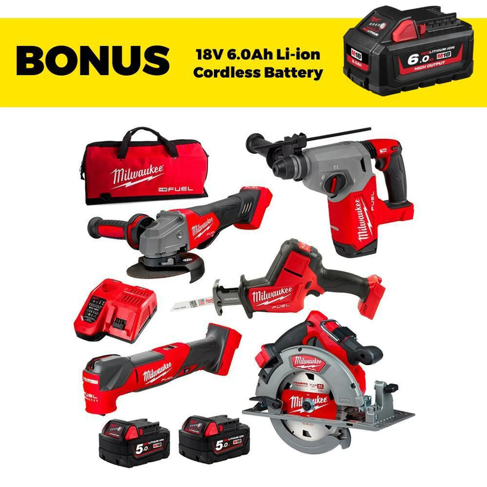 Milwaukee M18FPP5B3502B 18V 5.0Ah Li-ion Cordless 5pce Combo Kit Power Pack Including Fuel