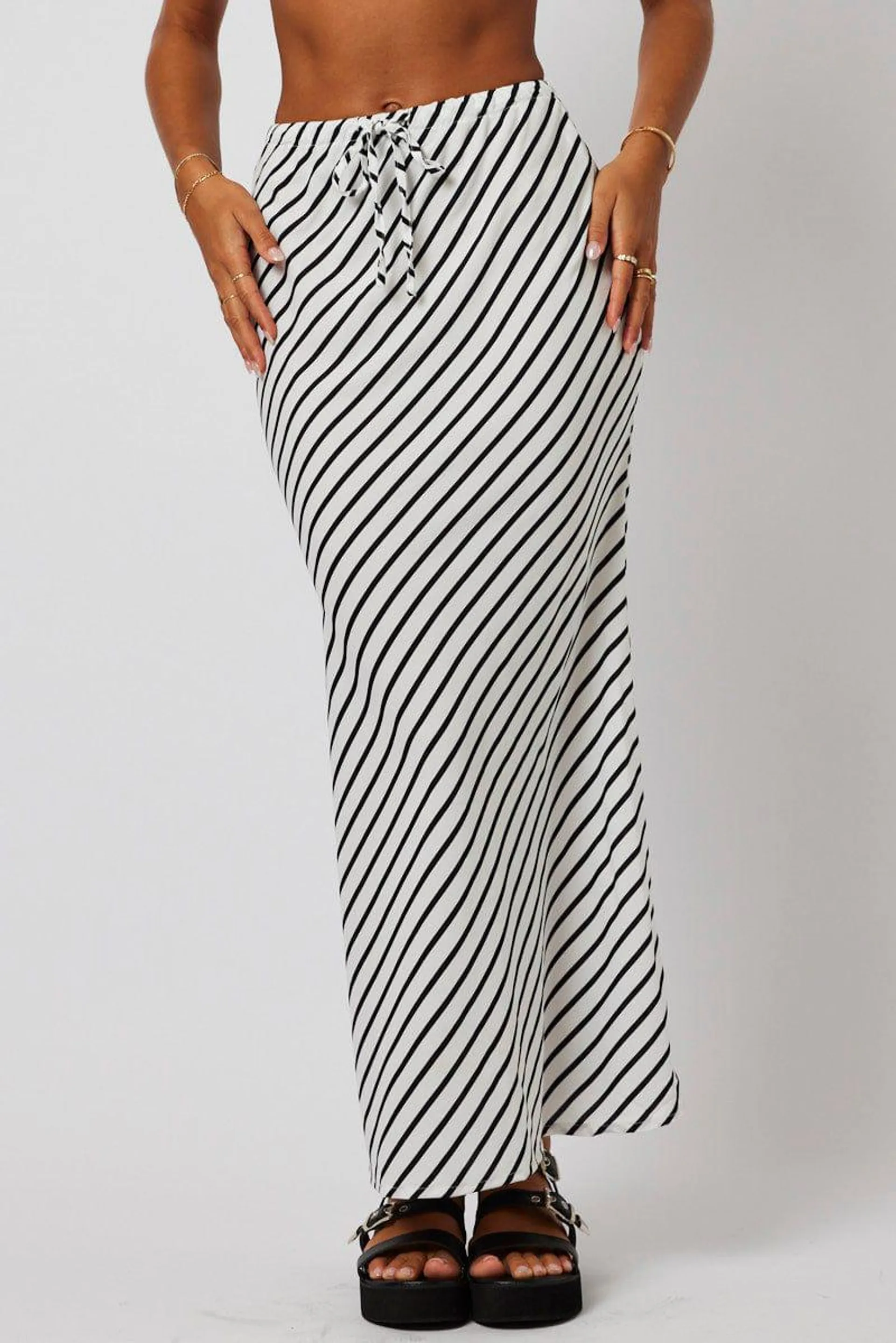 White Stripe Slip Skirt Maxi Drawstring Waist