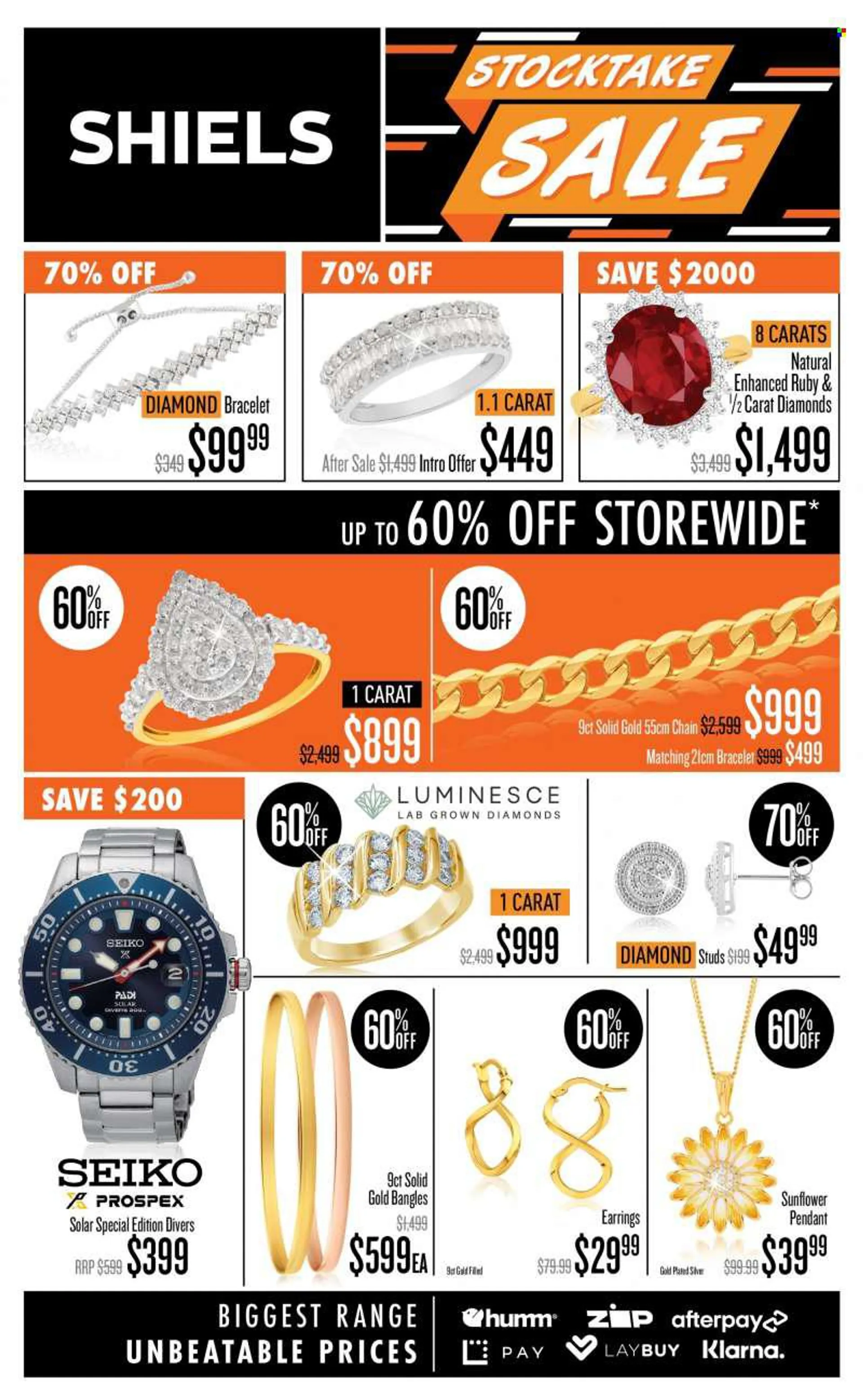 Shiels Catalogue - 27 Jun 2022 - 7 Aug 2022 - Sales products - bracelet, Seiko, studs, pendant, earrings. Page 1.