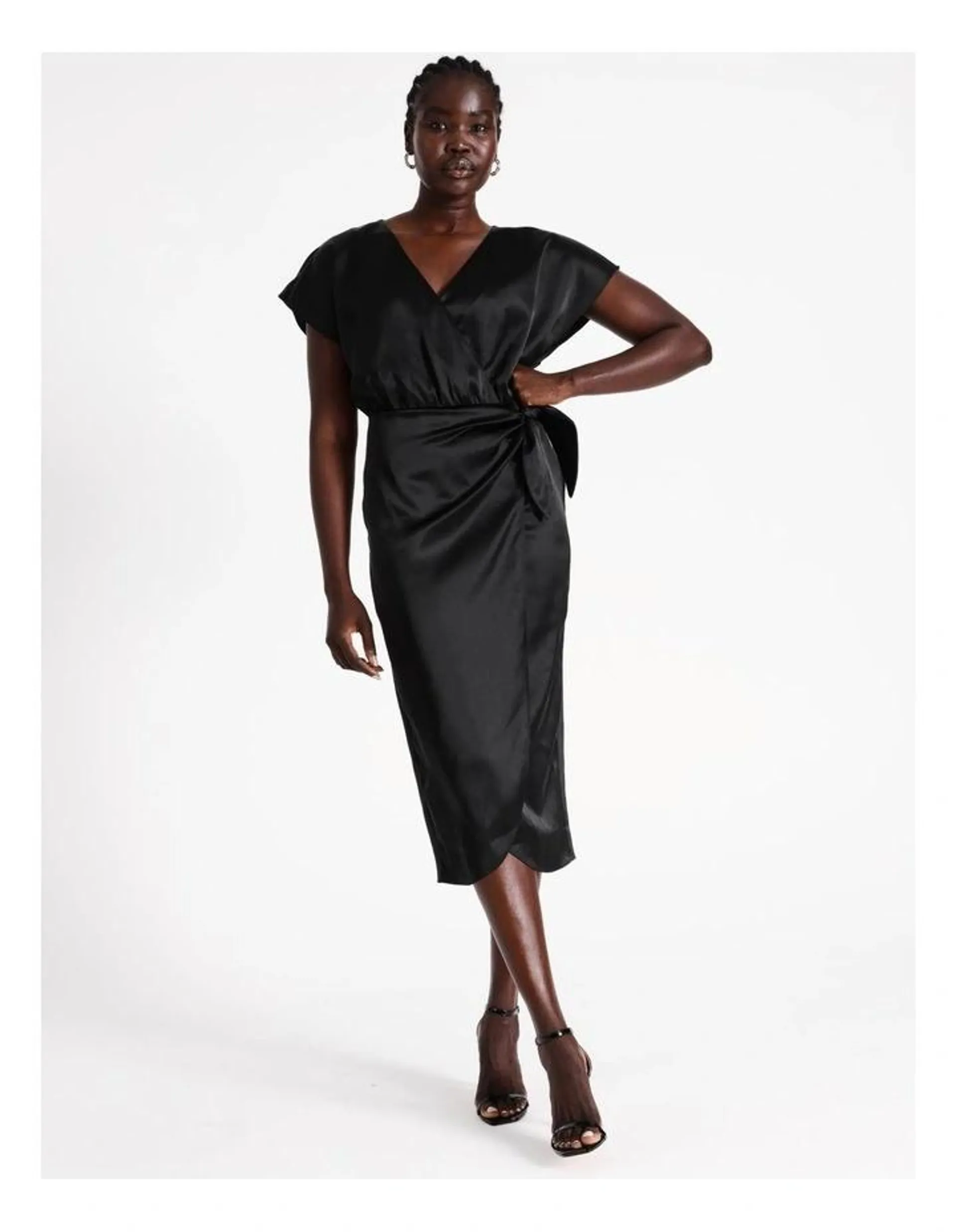 Satin Wrap Midi Dress in Black