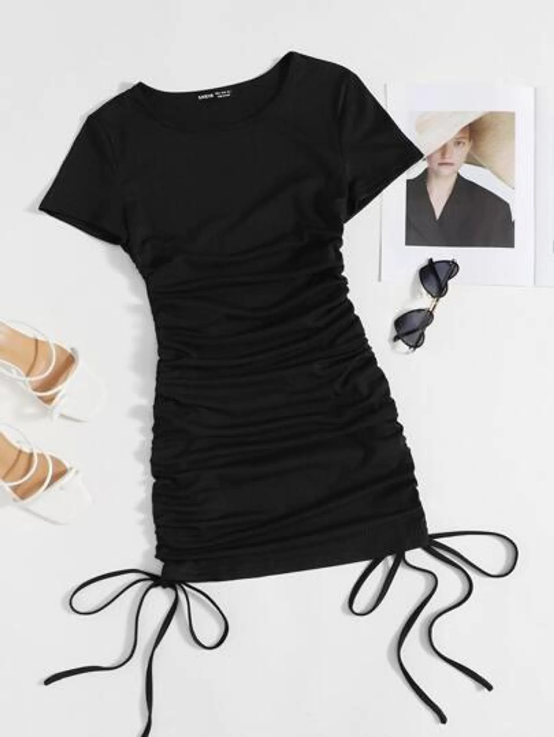 Solid Side Drawstring Ruched Bodycon Dress