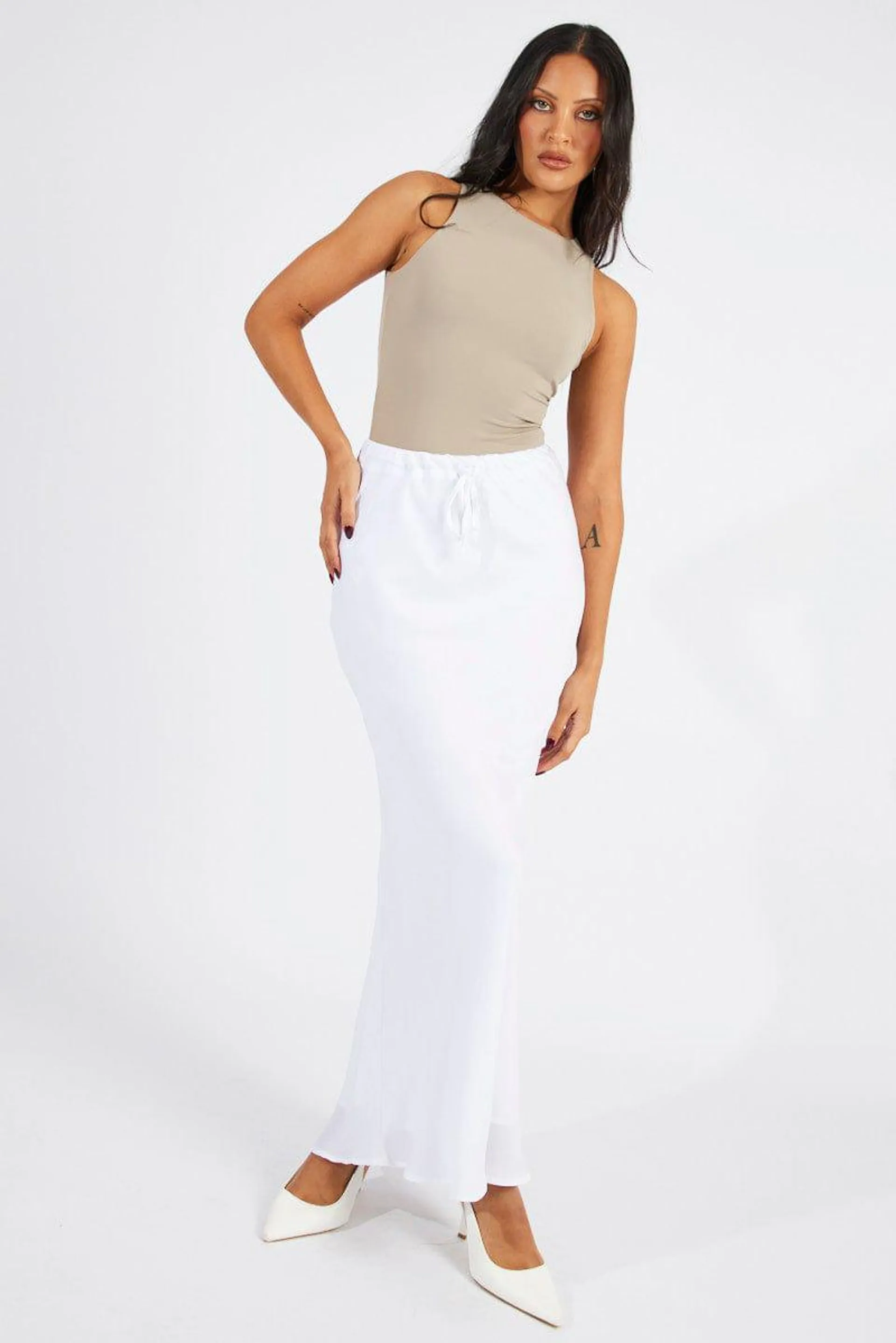 White Drawstring Satin Maxi Skirt