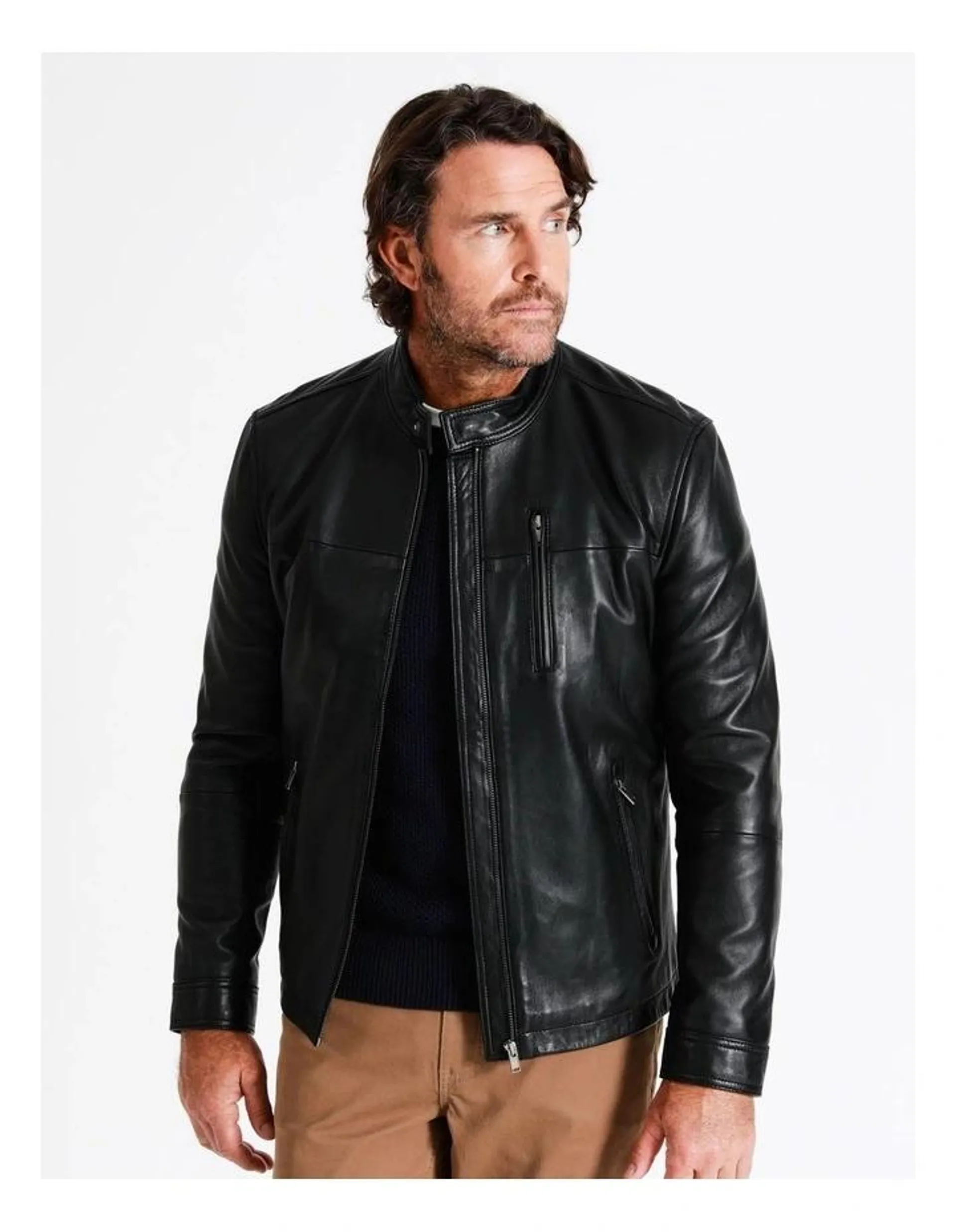 Hindley Stand Collar Leather Jacket in Black