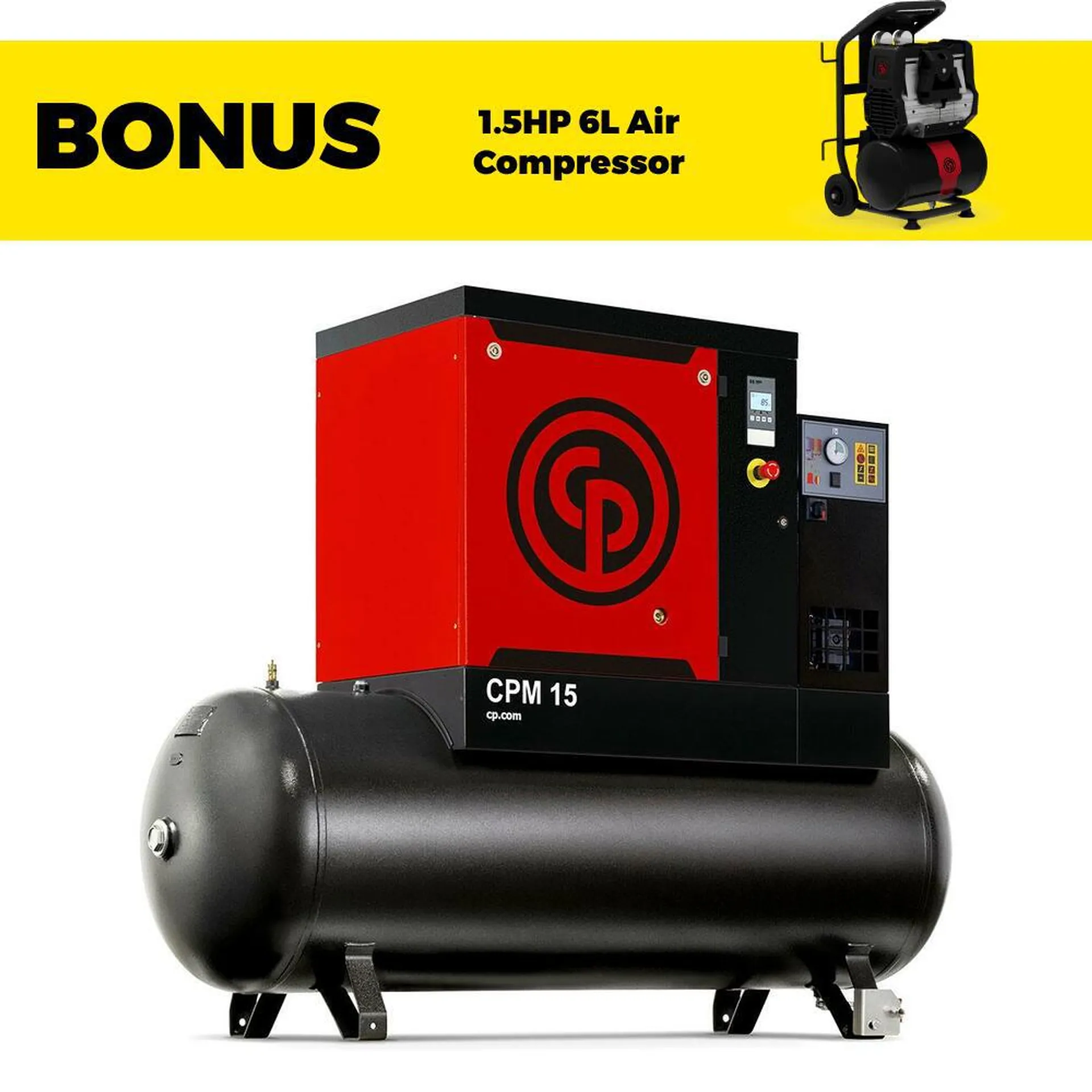 Chicago Pneumatic CPM15/8 T DRY 11kW 15HP 500L Silent Screw Air Compressor with Tank & Dryer - MADE IN ITALY