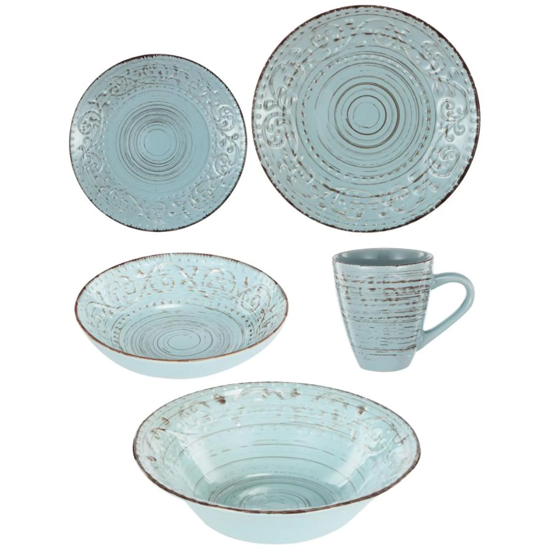 Rustic Fare Aqua Dinner 4 Set with Serving Bowl