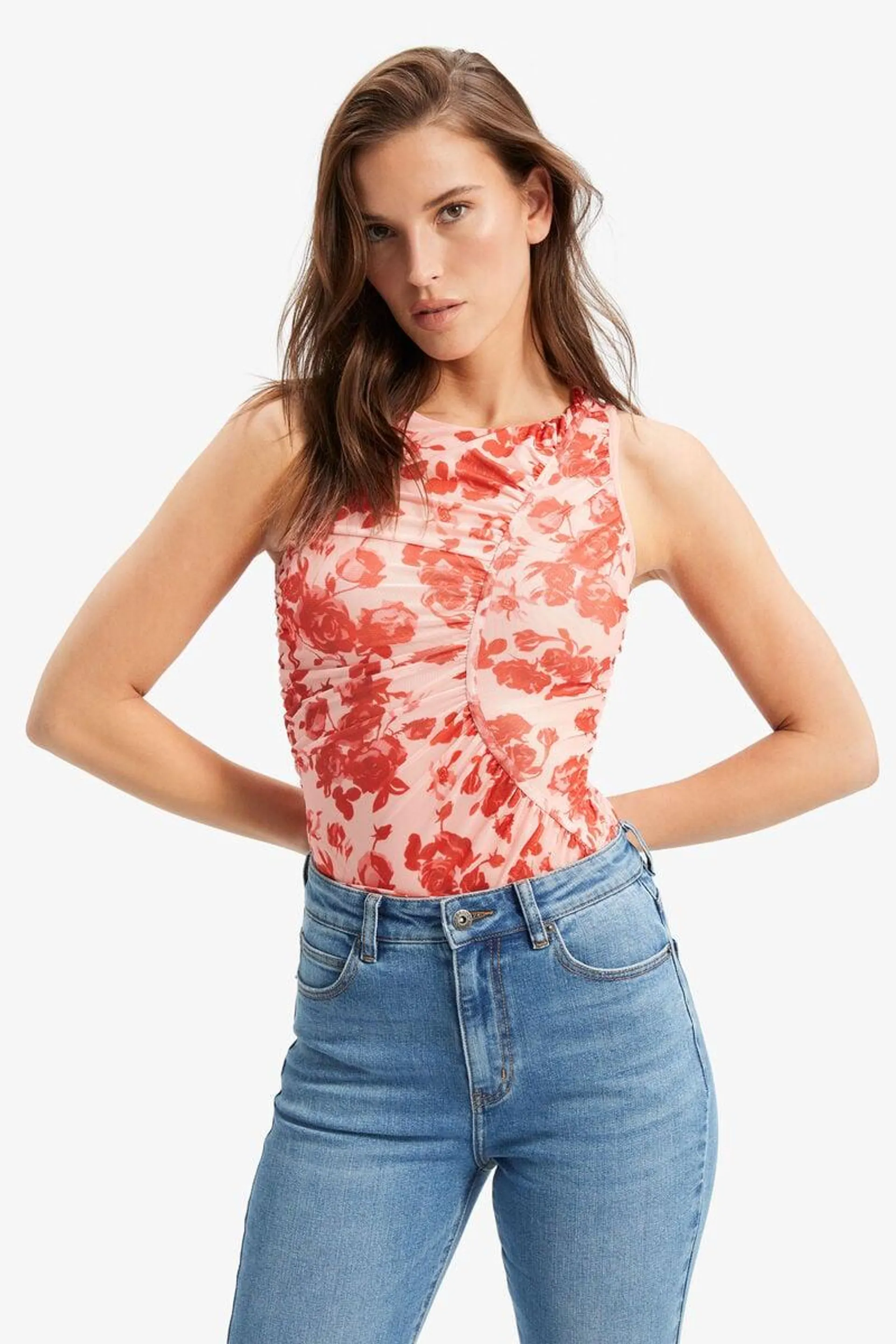 felicia mesh top in red floral