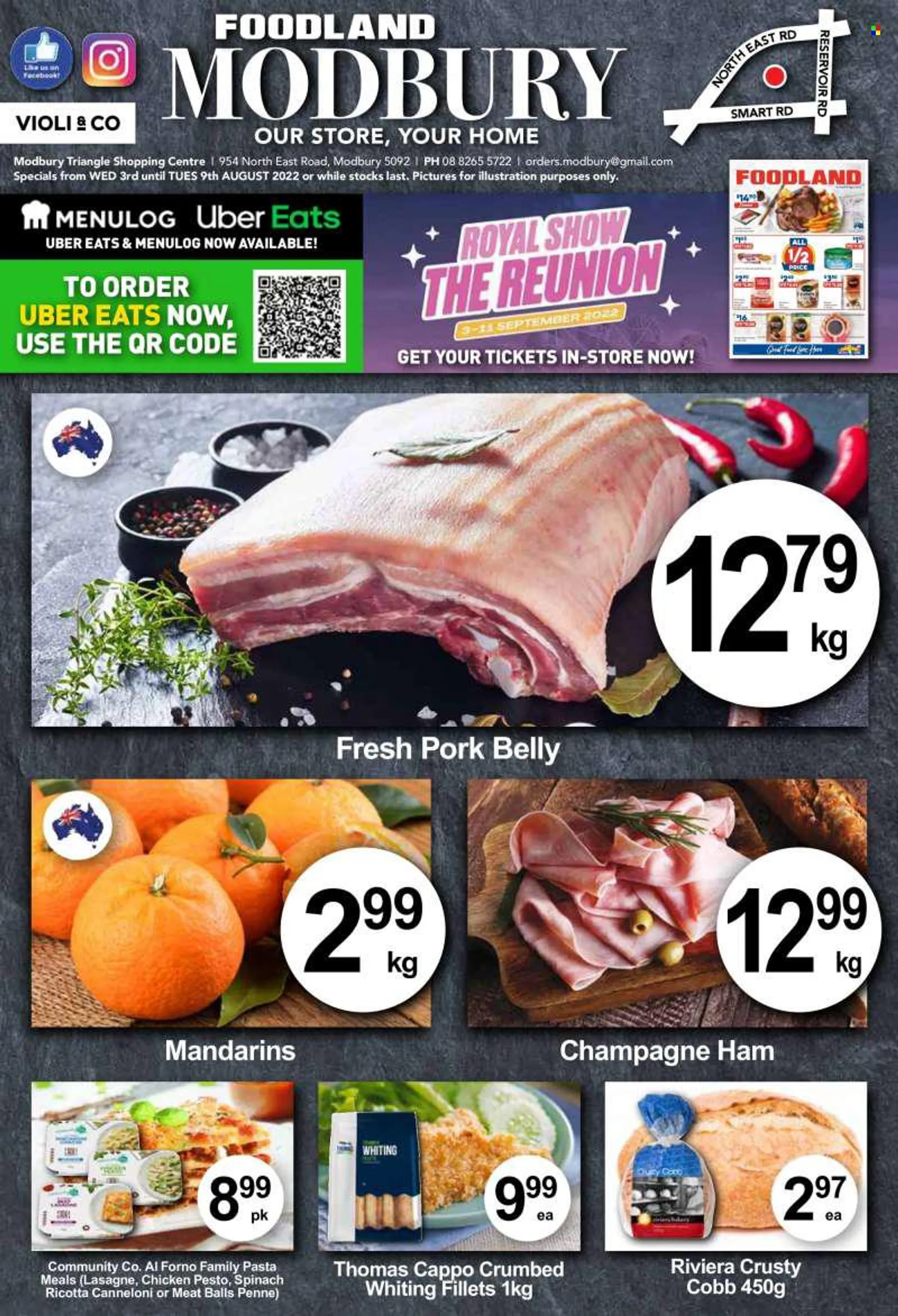 Violi &amp; Co Catalogue - 3 Aug 2022 - 9 Aug 2022 - Sales products - spinach, mandarines, tuna, whiting fillets, whiting, pasta, ham, ricotta, biscuit, oats, Quick Oats, penne, coffee, Nescafé, champagne, pork belly, pork meat, bag. Page 1.