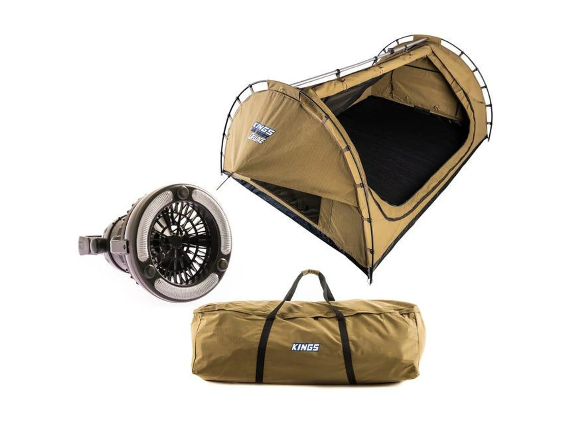 Kings Big Daddy Deluxe Double Swag + Swag Canvas Bag + 2in1 LED Light & Fan| Camping Swag Tent