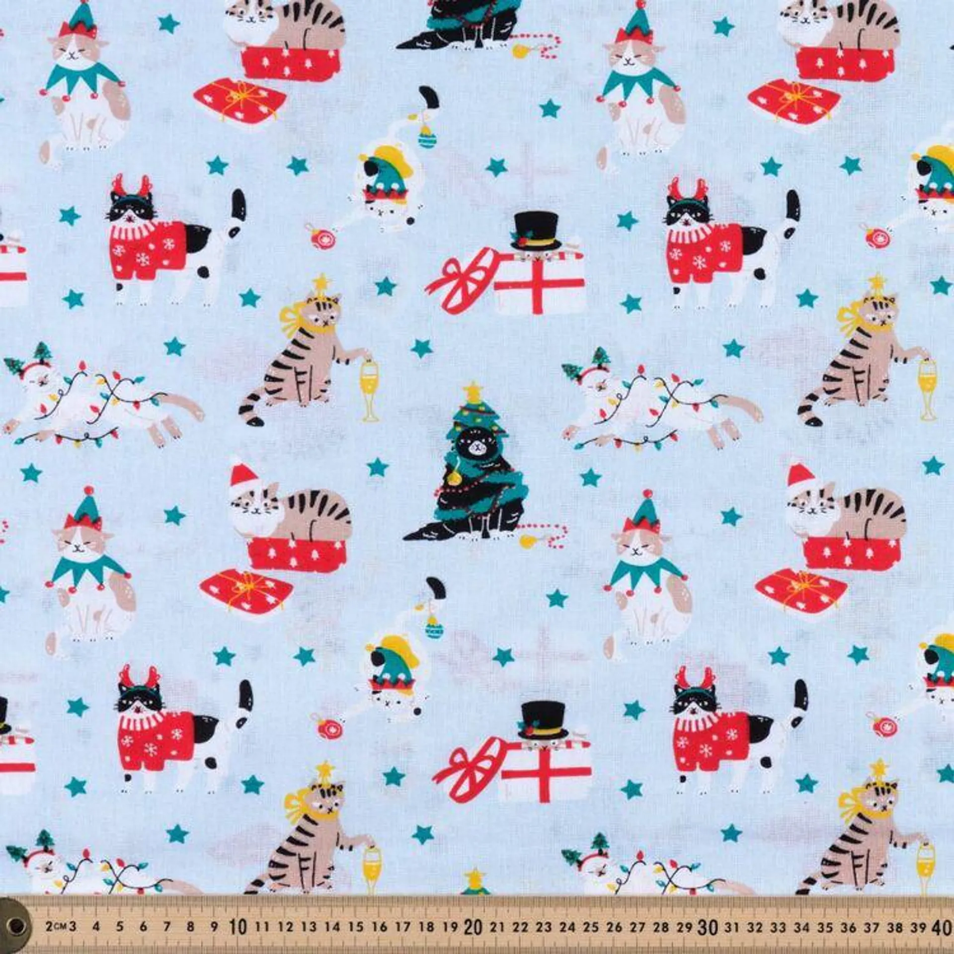 Christmas Kitty 120 cm Multipurpose Cotton Fabric Blue 120 cm