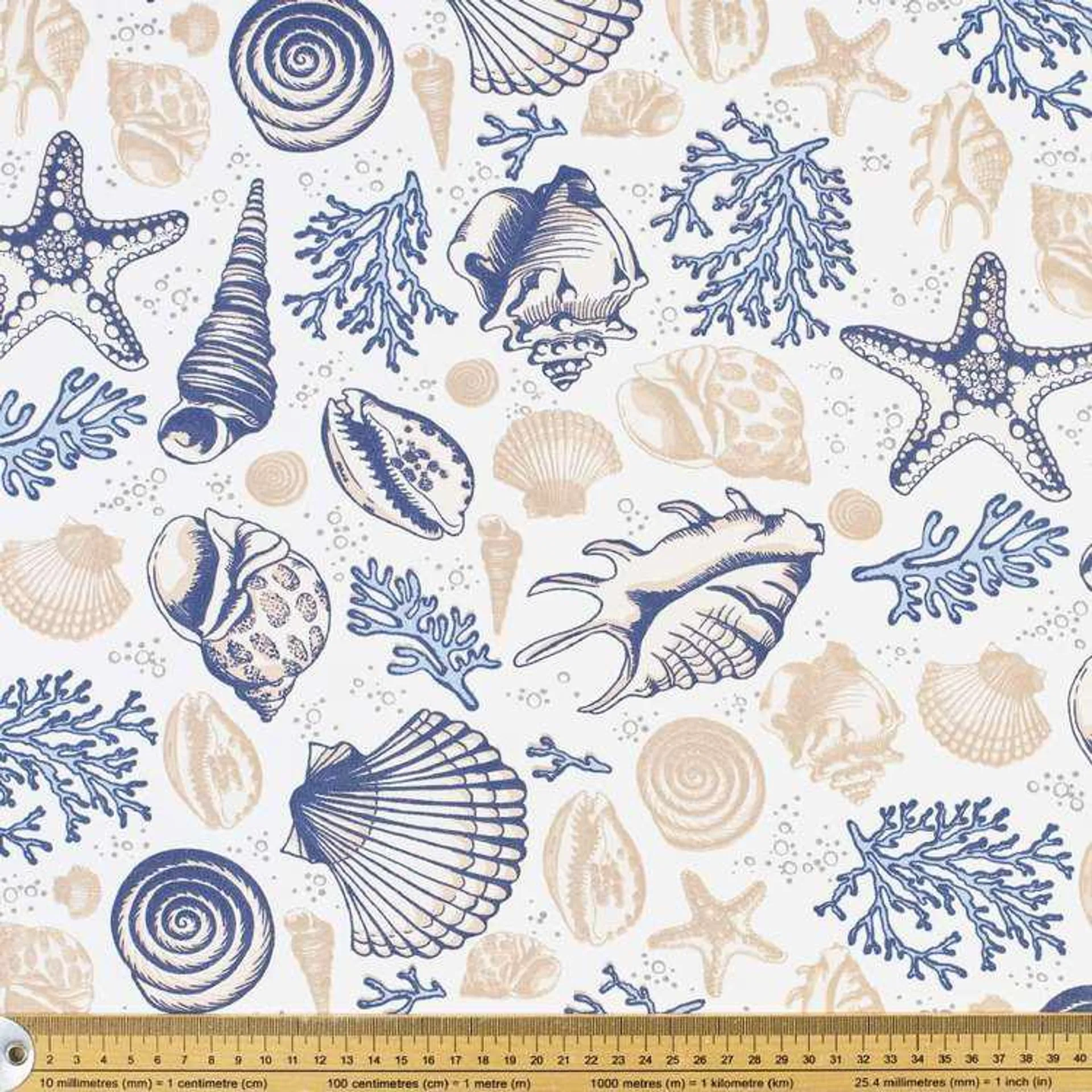 Nautilus Beach Thermal Curtain Fabric White & Blue 120 cm