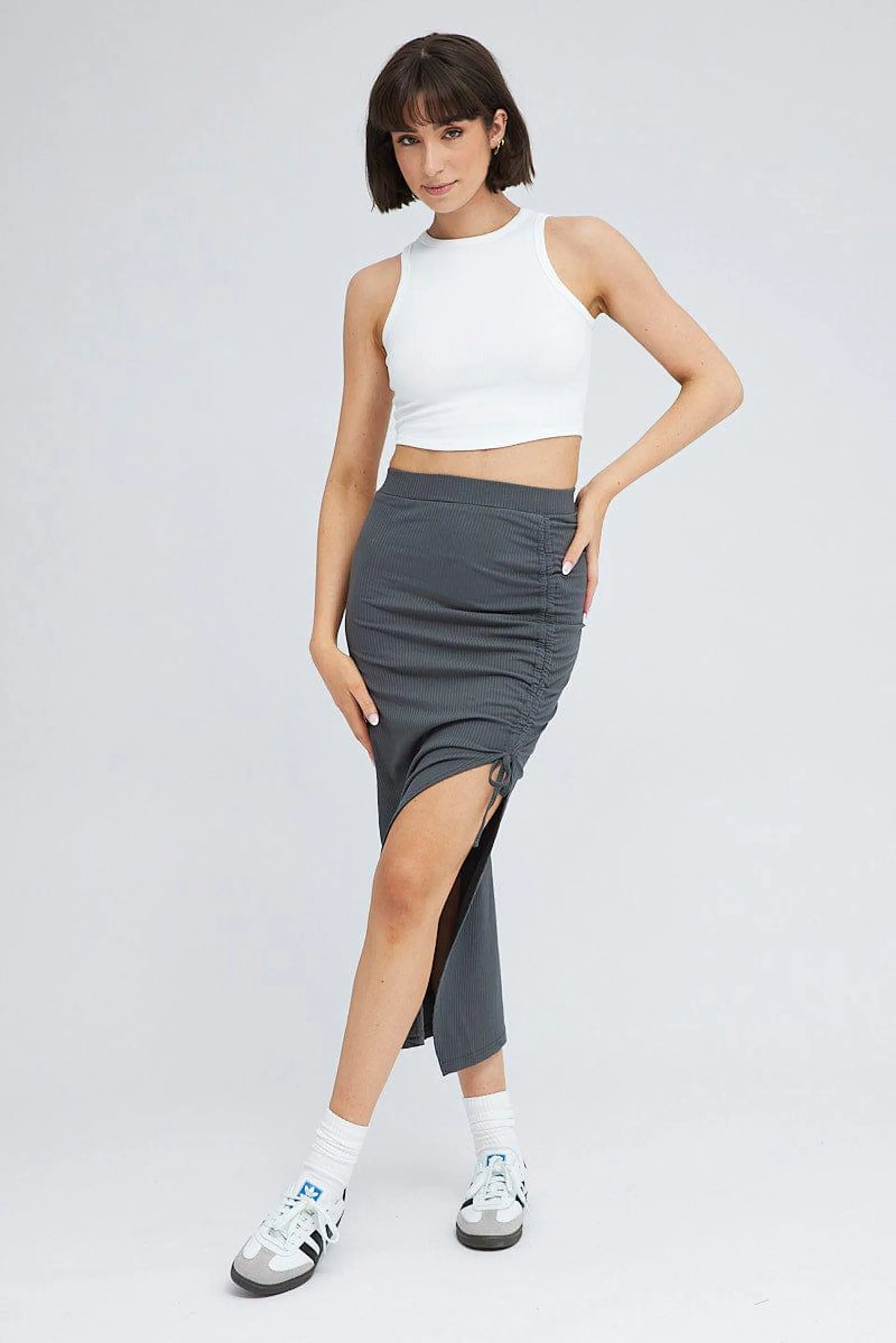 Grey Midi Skirt High Rise Ribbed
