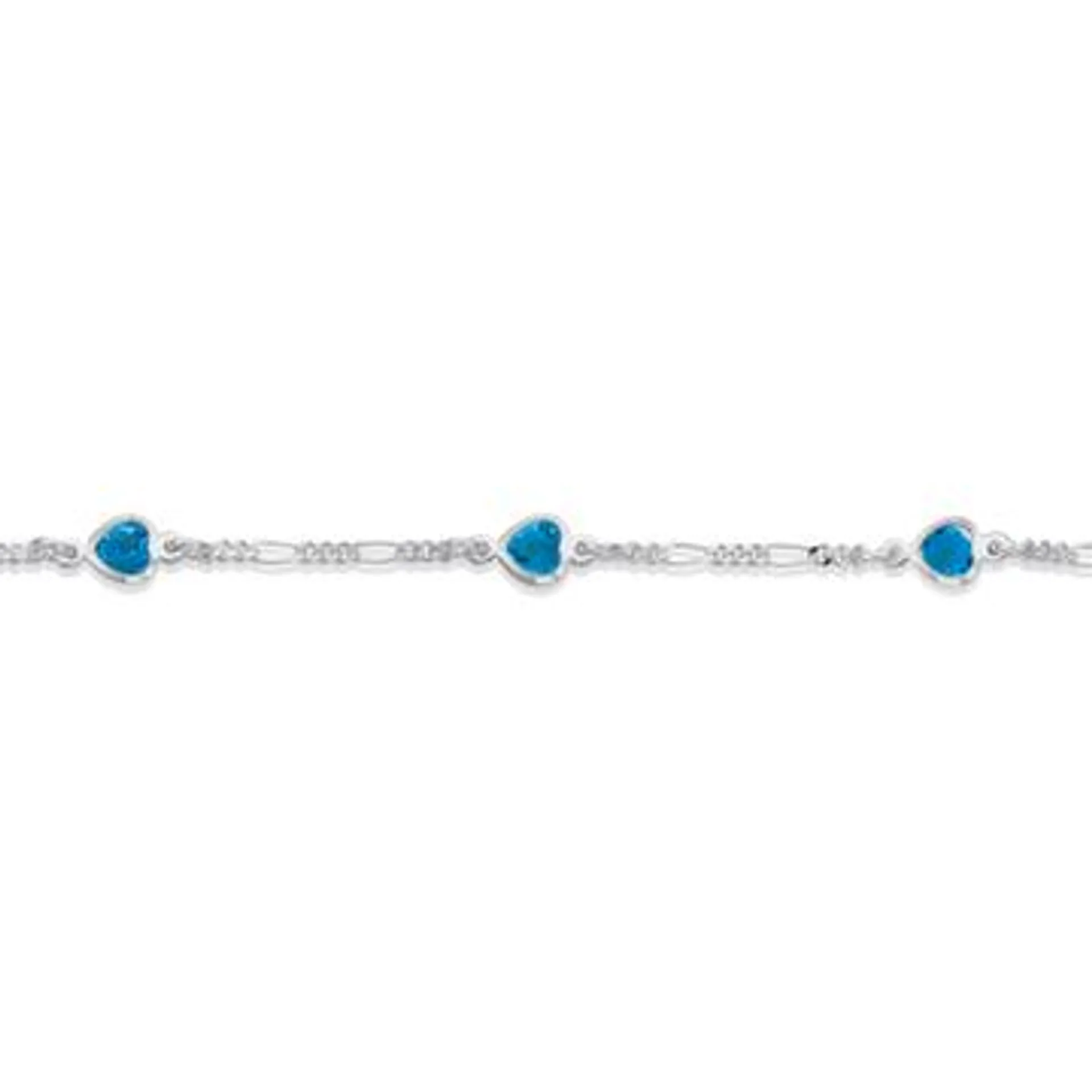 Silver 18cm Figaro 3+1 Blue Crystal Hearts Bracelet