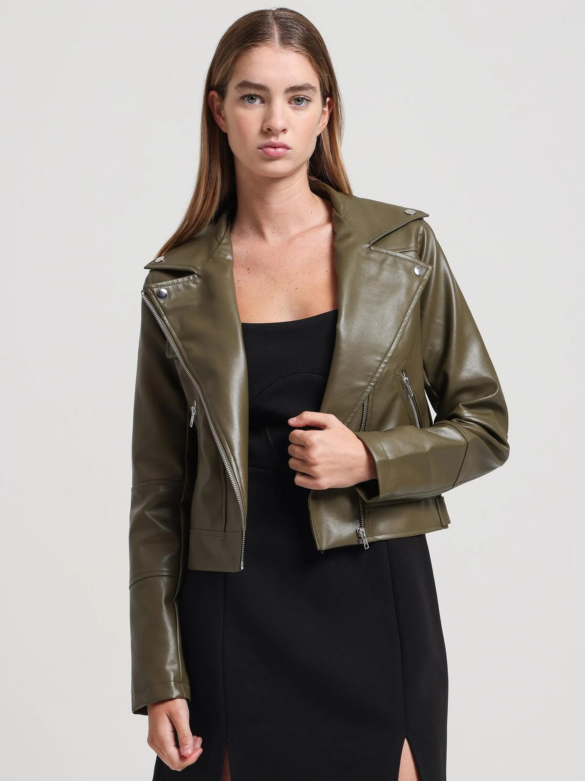 Percy Faux Leather Biker Jacket in Khaki