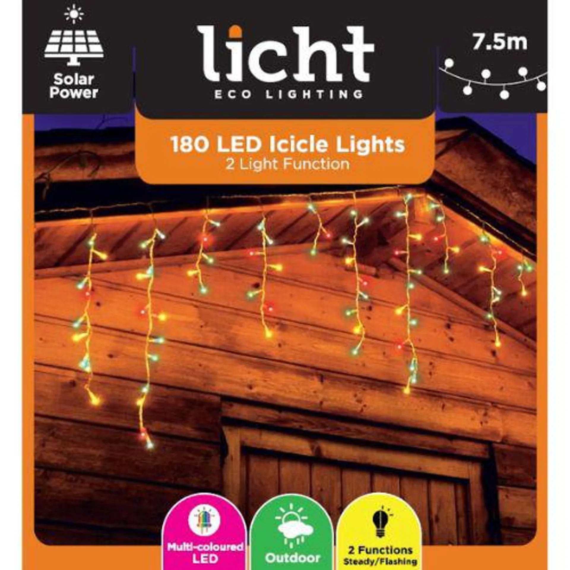 Solar 180 LED Icicle Lights Multi-coloured 7.5m