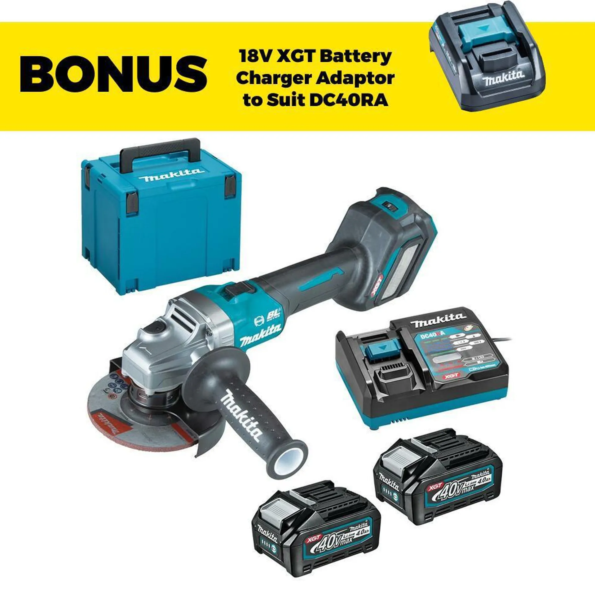 Makita GA023GM202 40V Max 4.0Ah Li-ion XGT Cordless Brushless AWS 125mm (5”) Slide Switch Angle Grinder Combo Kit