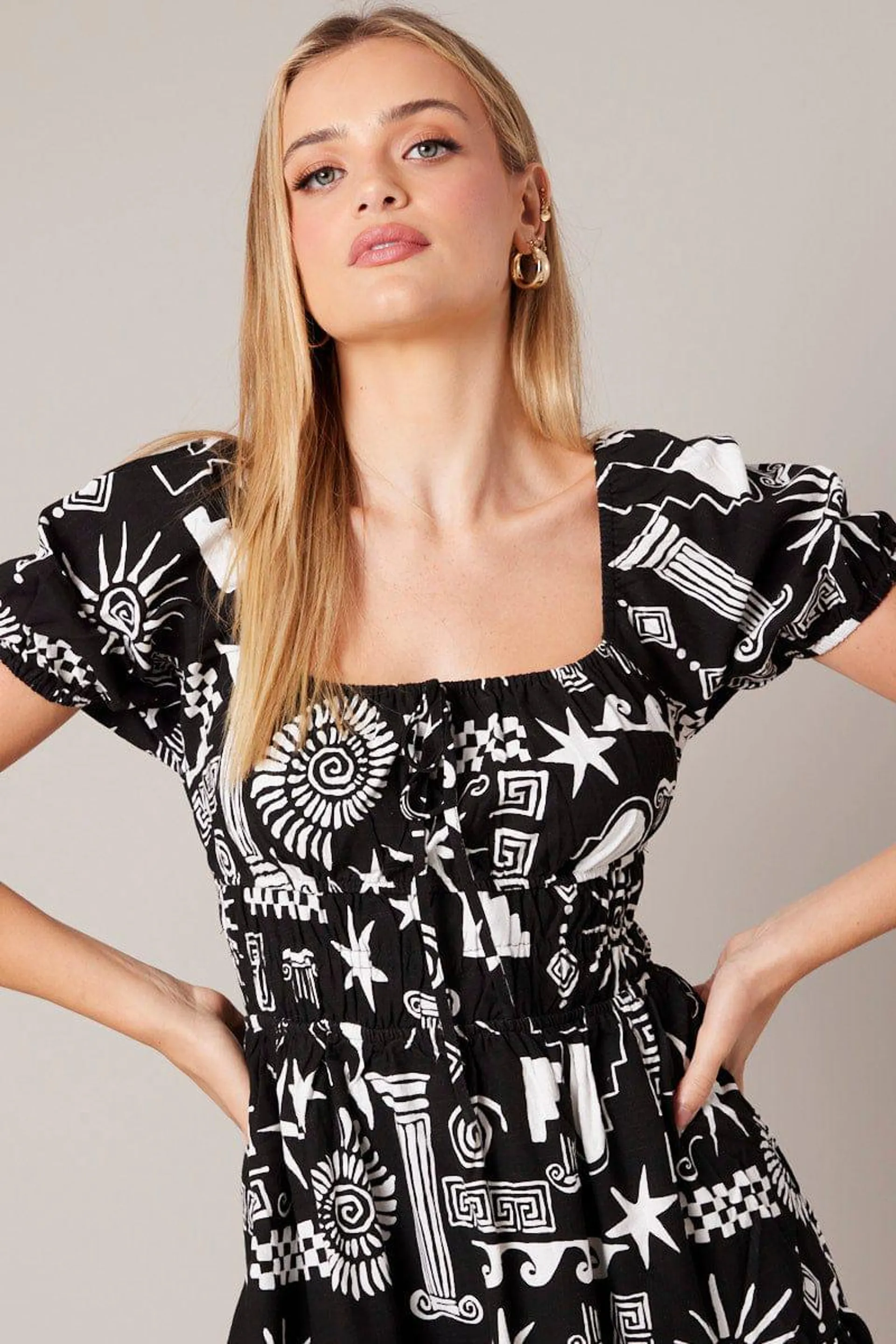 Black Abstract Fit And Flare Dress Puff Sleeve Mini