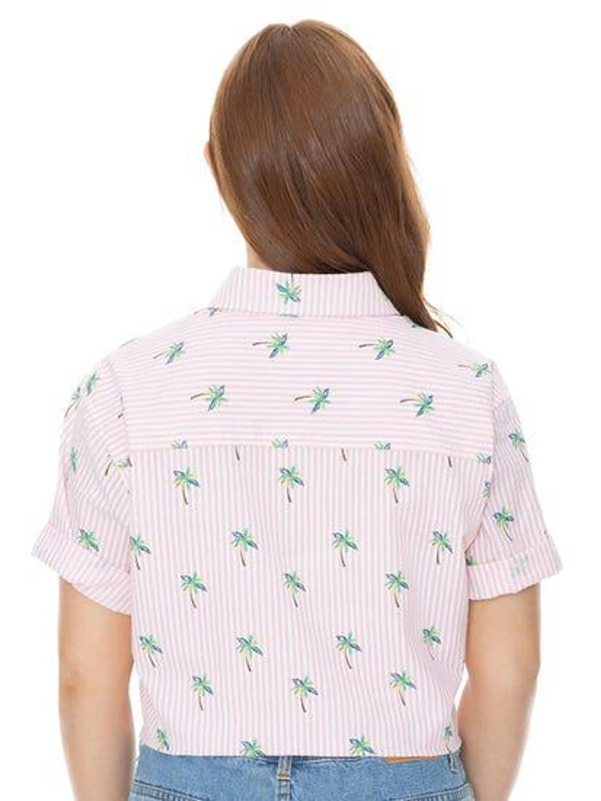 Short Sleeve Pink Stripe With Green Palm Shirt