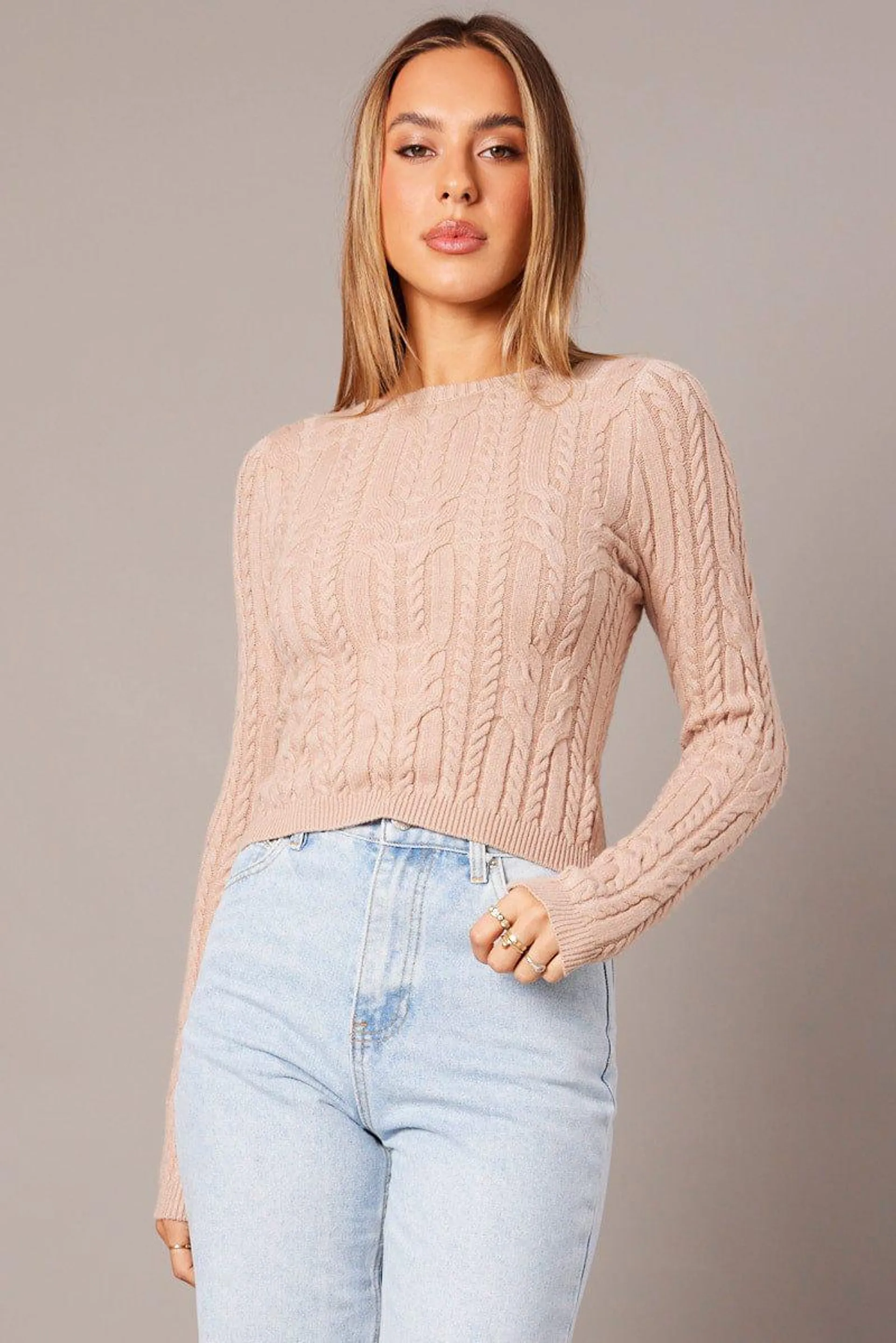 Beige Cable Knit Top Long Sleeve