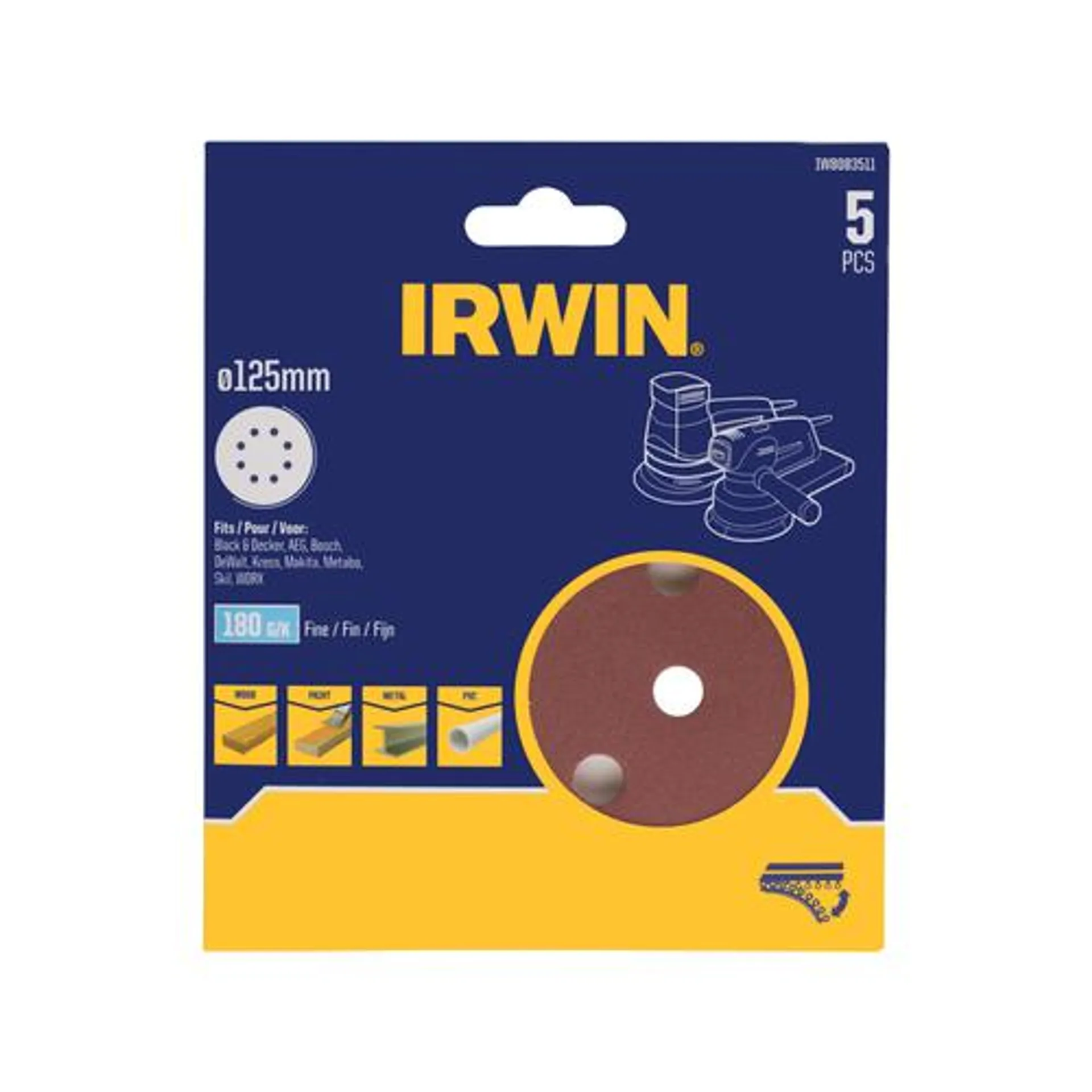 IRWIN 125mm 180 Grit Quick Fit Random Orbital Sanding Discs 8 Holes - 5 Pack