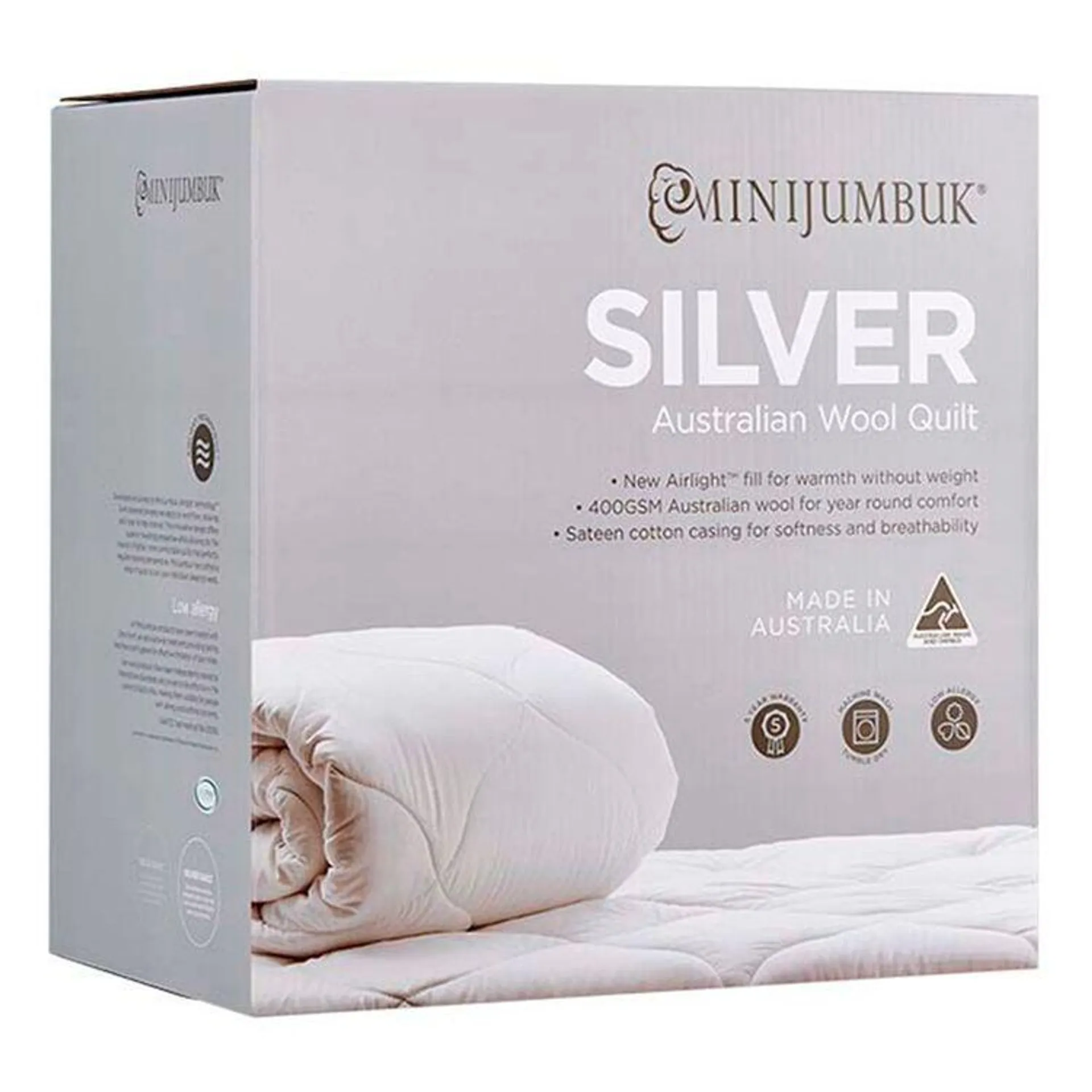 MiniJumbuk Silver 400 GSM Australian Wool Quilt White