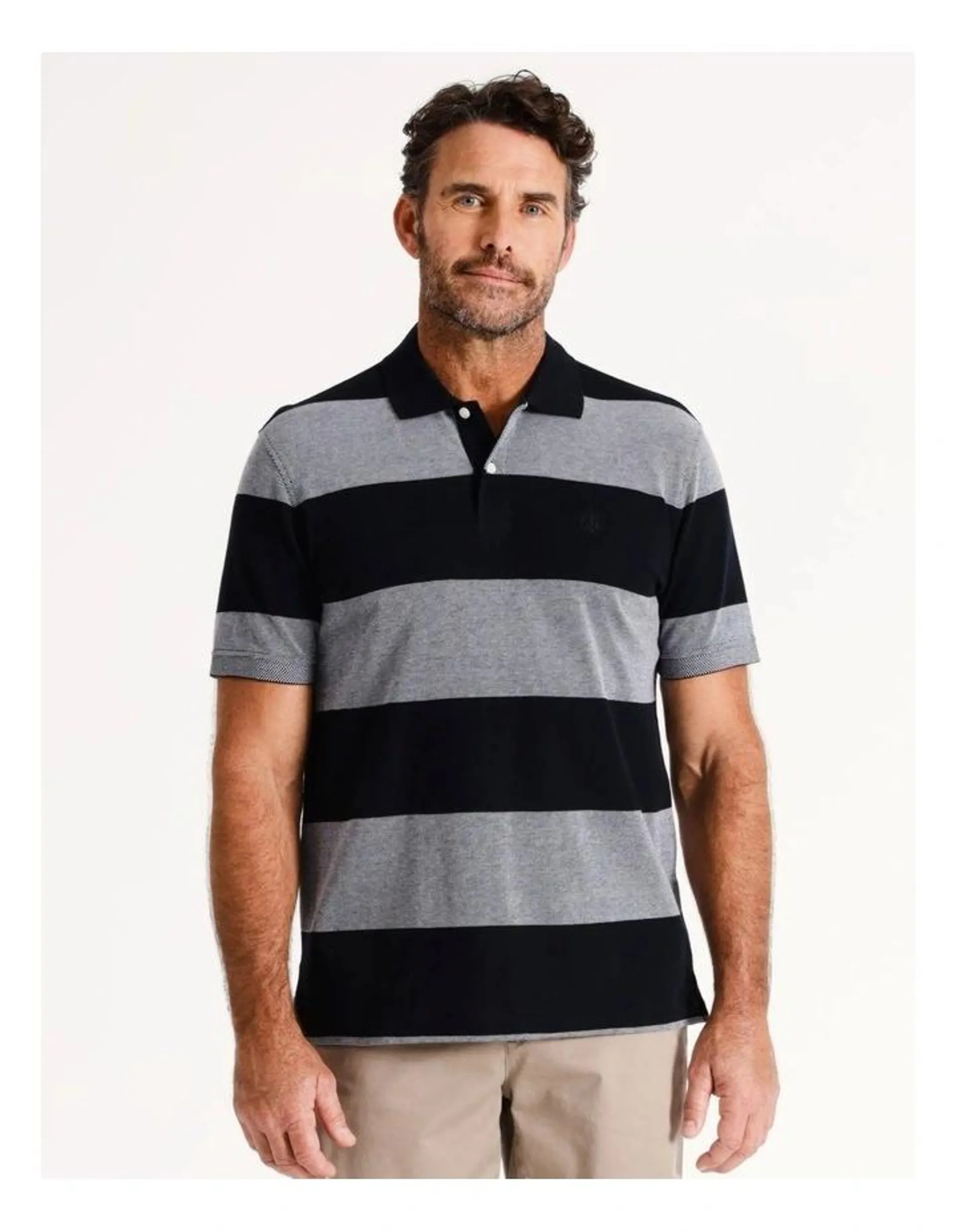 Baxter Block Stripe Birdseye Polo in Black