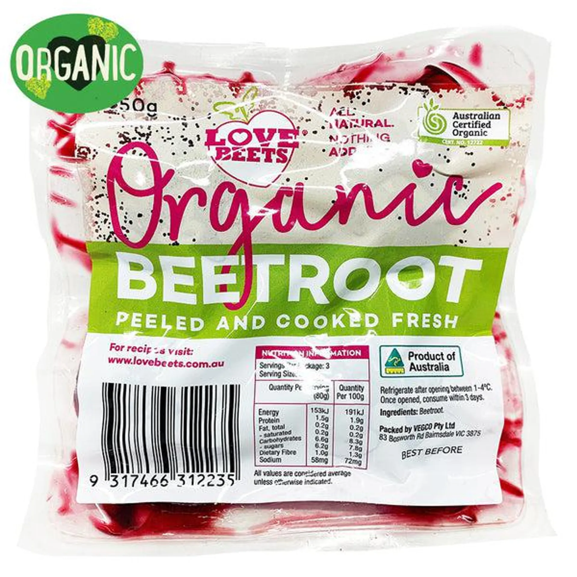 Beetroot Love Beets Organic Peel and Cooked 250g