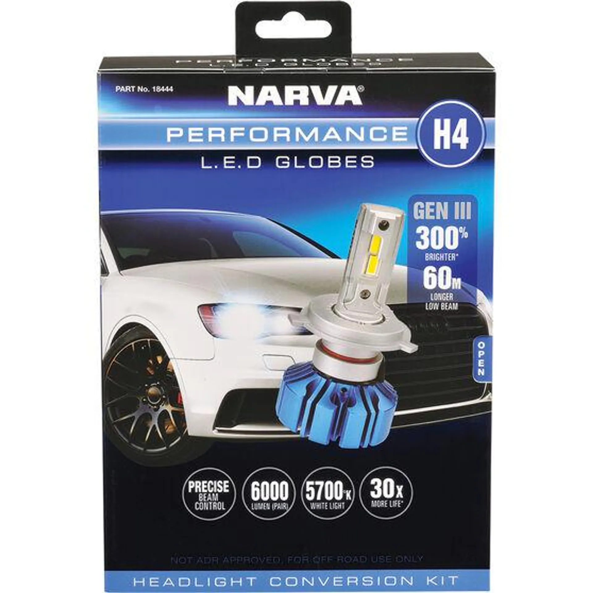 Narva Gen III LED Headlight Globes - H4, 12/24V, 18444