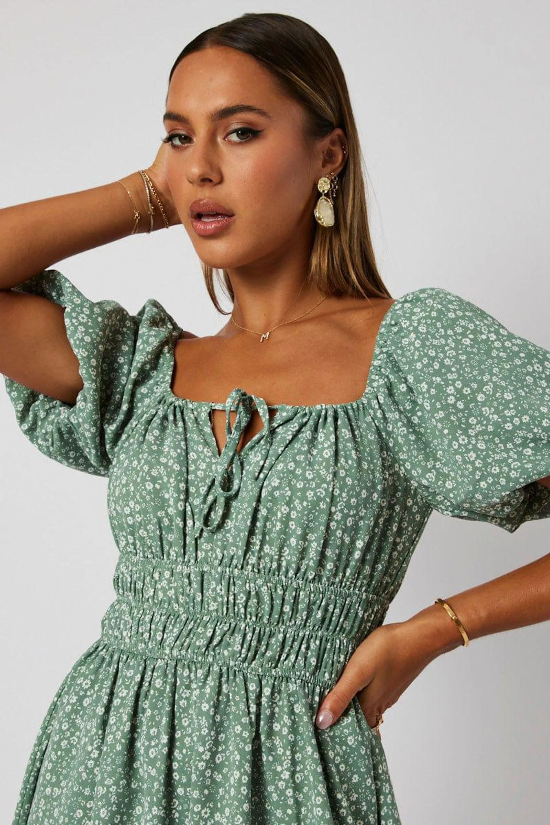 Green Ditsy Fit And Flare Dress Puff Sleeve Mini