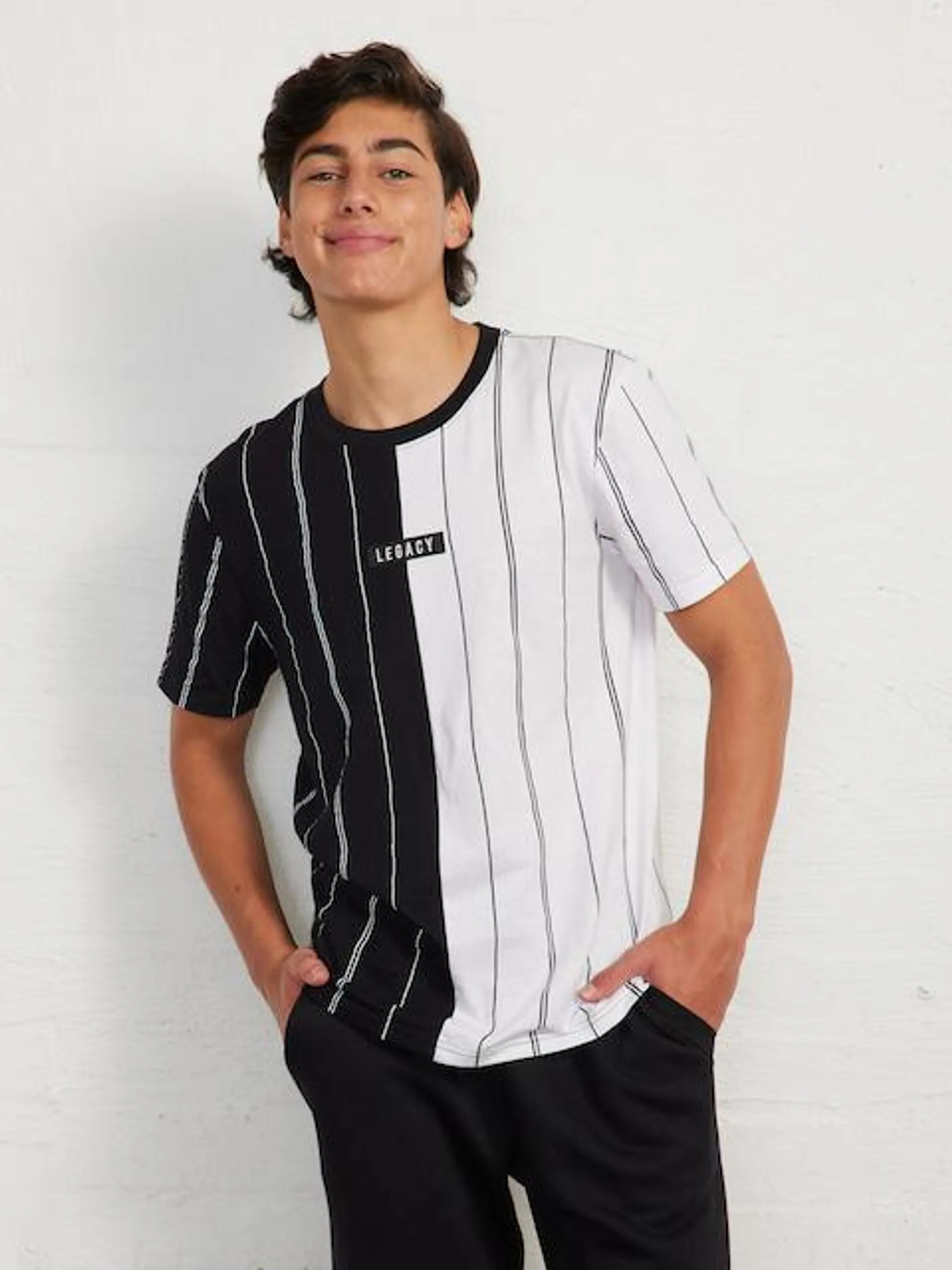 Black White Stripe Splice Legacy Embroidered Tee