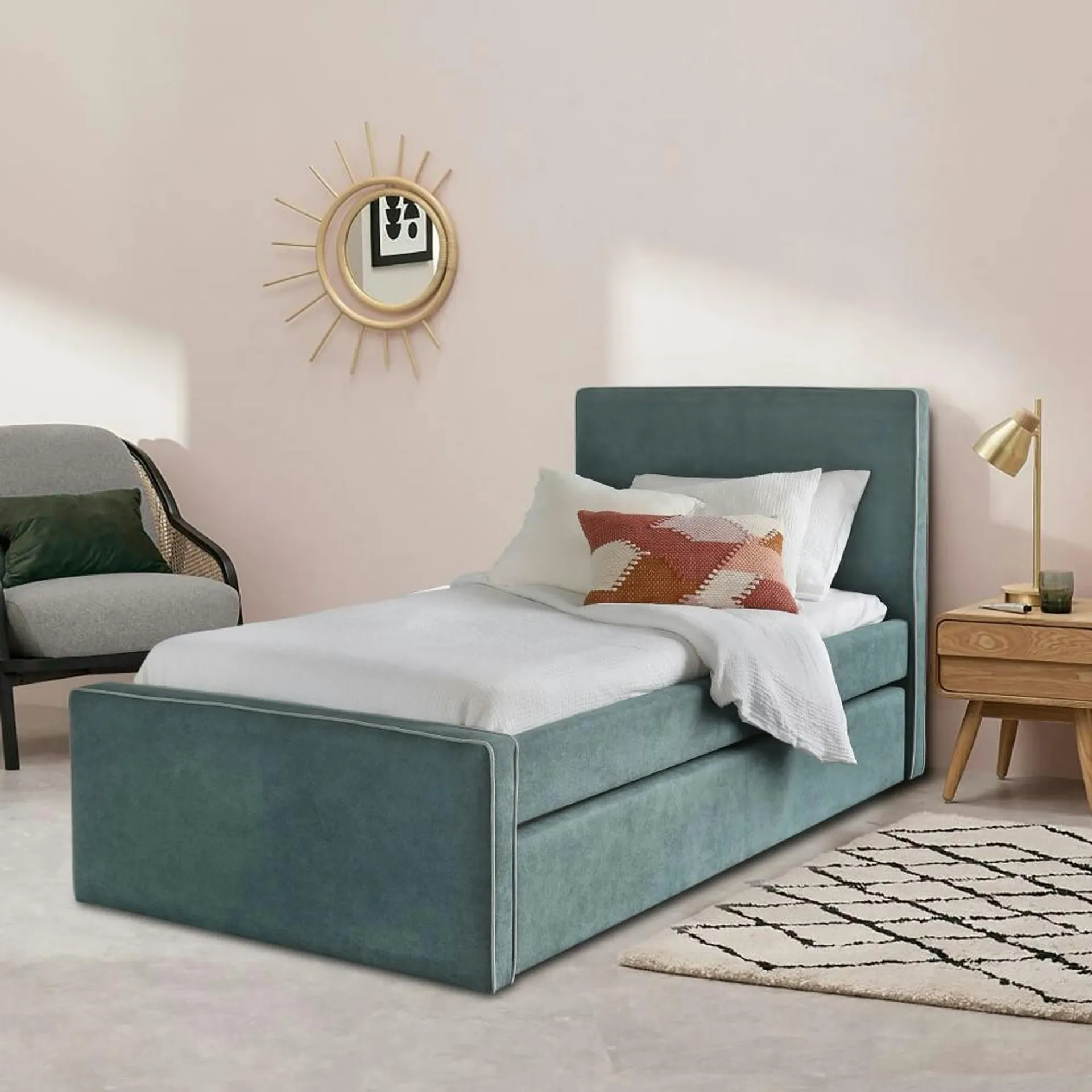 Coco Single Bed Frame With Trundle, Teal