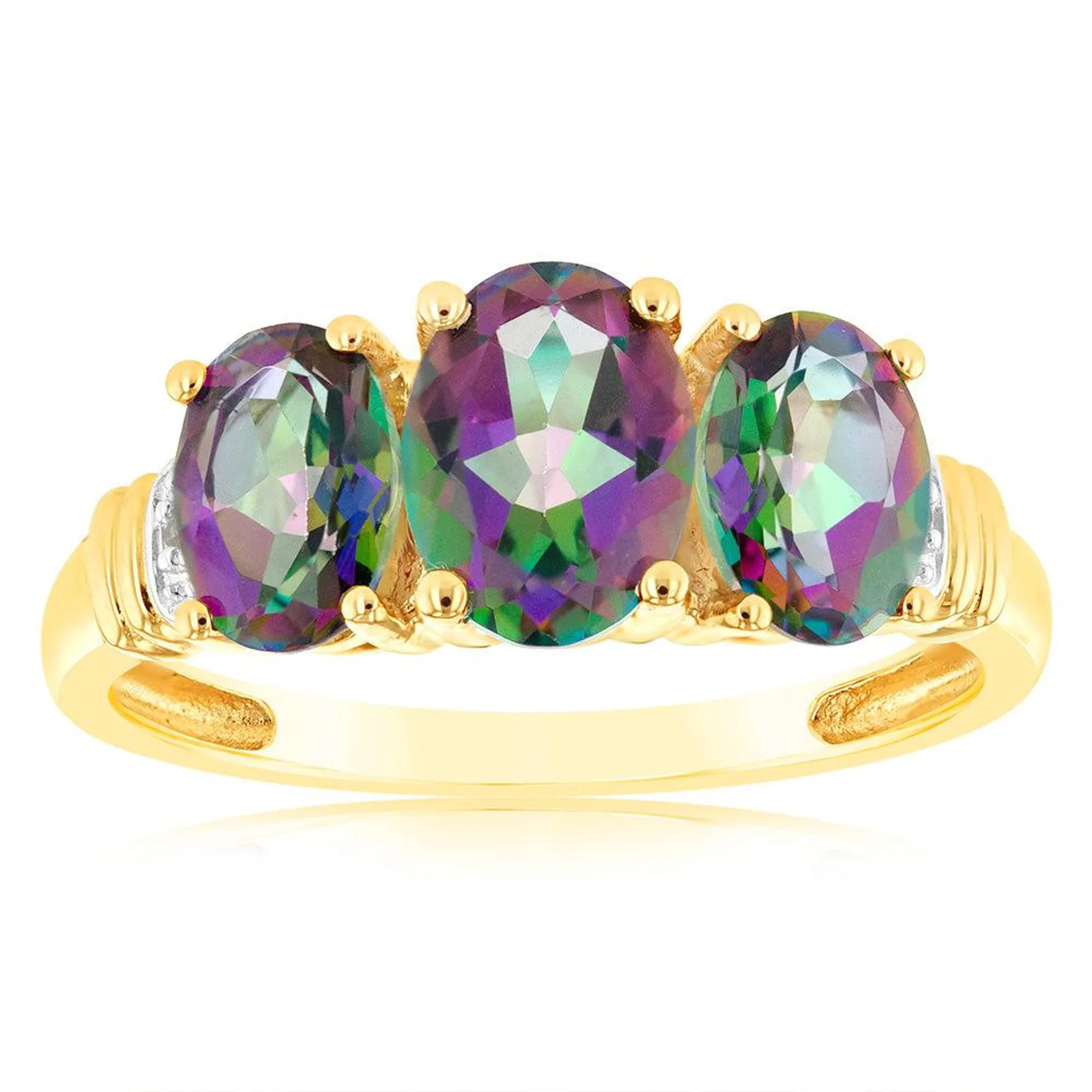 9ct Yellow Gold Oval Enhanced Mystic Topaz and Diamond Trilogy Ring