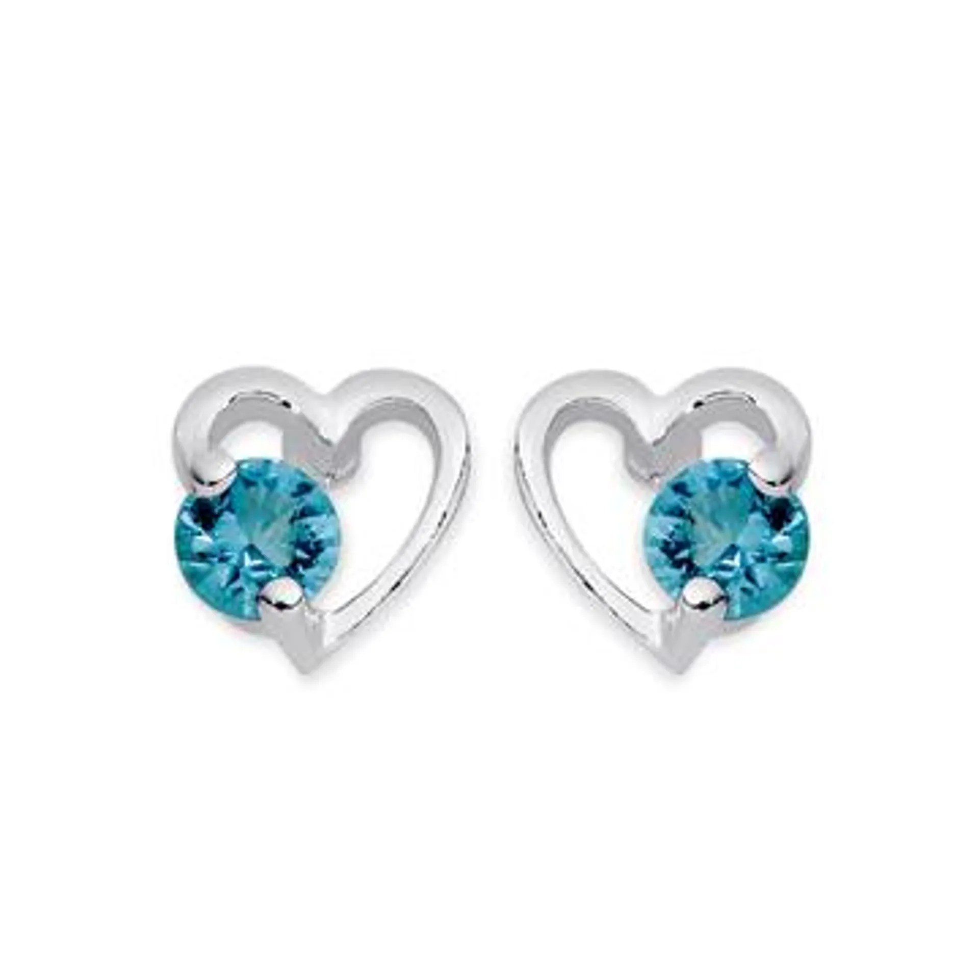 Silver Aqua CZ Open Heart Stud Earrings